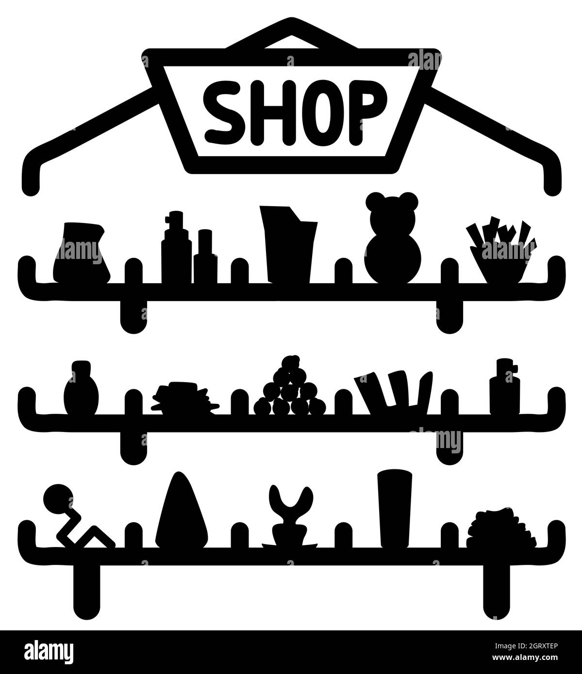 Shop shelves goods symbol black, vector illustration, horizontal