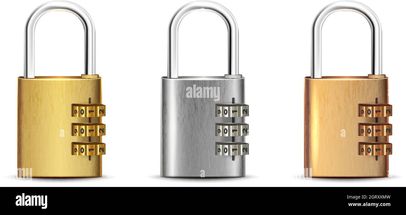 3d realistic vector set of square golden, silver, bronze padlock open ...