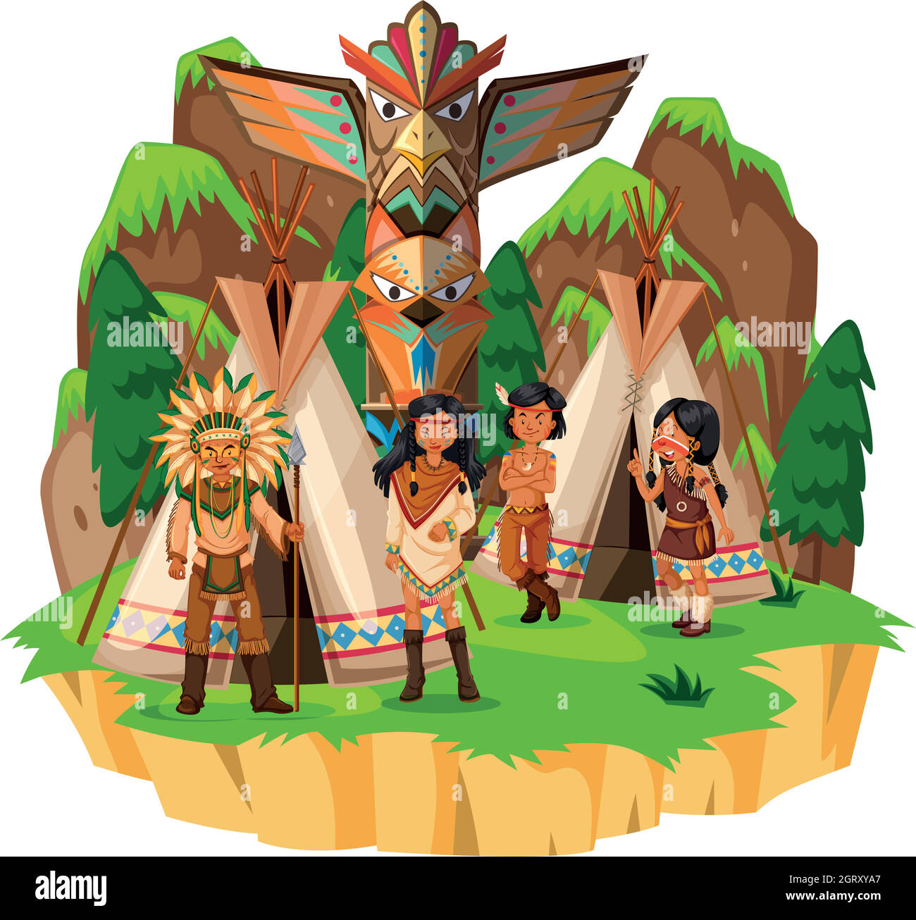 Native american indians at their tents Stock Vector