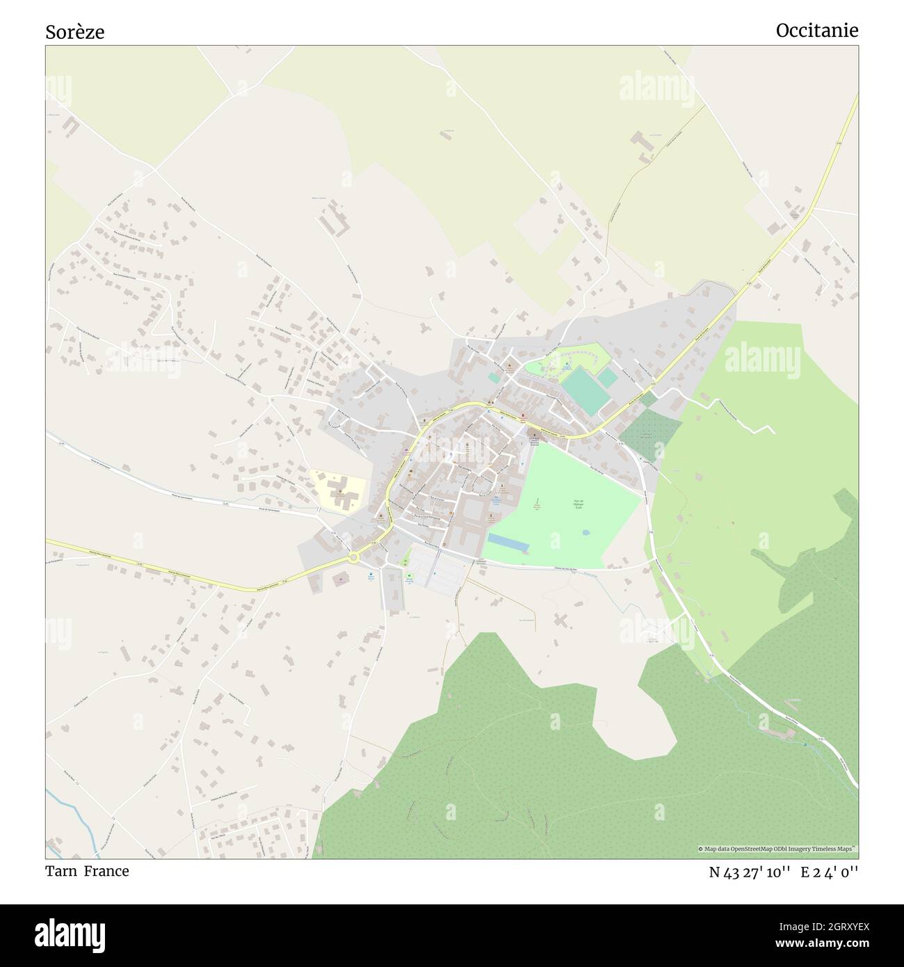 Sorèze, Tarn, France, Occitanie, N 43 27' 10'', E 2 4' 0'', map, Timeless Map published in 2021. Travelers, explorers and adventurers like Florence Nightingale, David Livingstone, Ernest Shackleton, Lewis and Clark and Sherlock Holmes relied on maps to plan travels to the world's most remote corners, Timeless Maps is mapping most locations on the globe, showing the achievement of great dreams Stock Photo