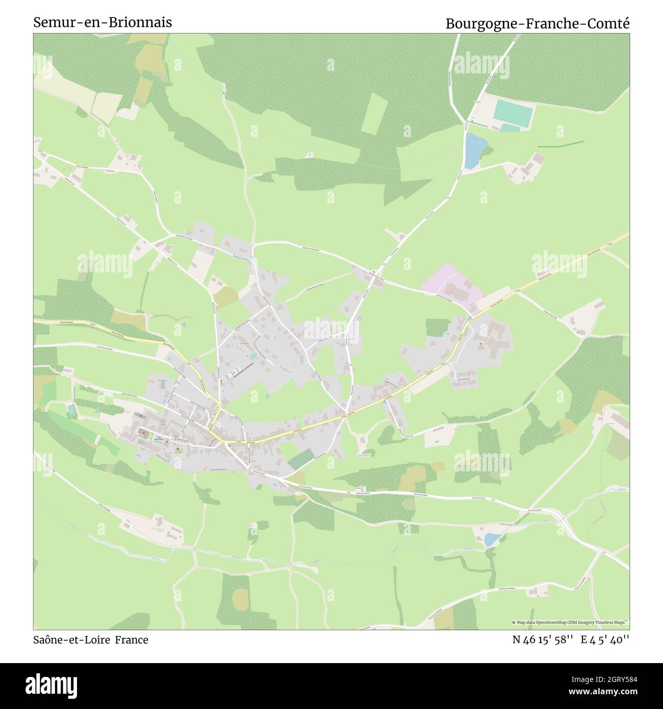 Semur-en-Brionnais, Saône-et-Loire, France, Bourgogne-Franche-Comté, N 46 15' 58'', E 4 5' 40'', map, Timeless Map published in 2021. Travelers, explorers and adventurers like Florence Nightingale, David Livingstone, Ernest Shackleton, Lewis and Clark and Sherlock Holmes relied on maps to plan travels to the world's most remote corners, Timeless Maps is mapping most locations on the globe, showing the achievement of great dreams Stock Photo