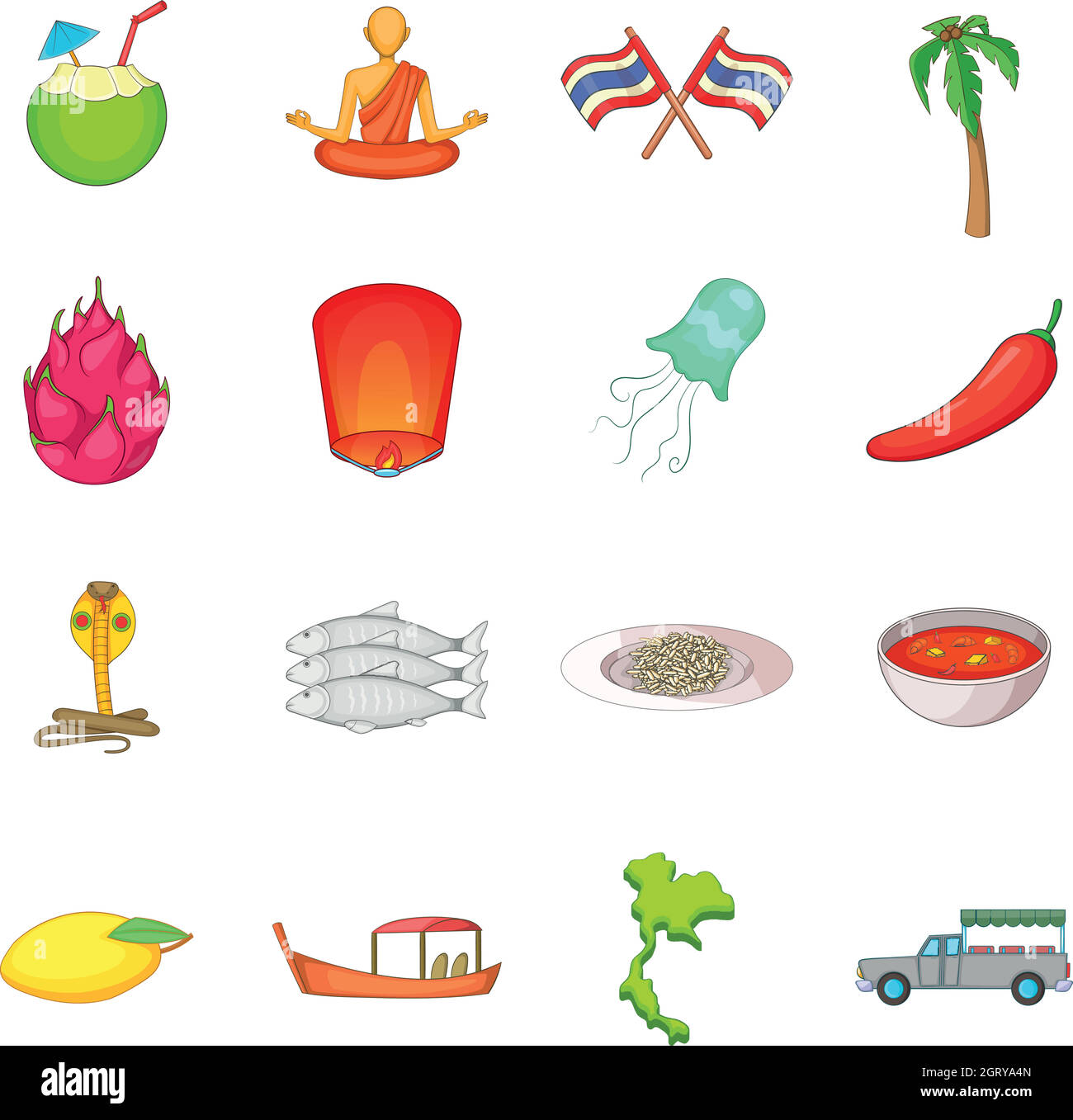 Thailand symbols icons set, cartoon style Stock Vector