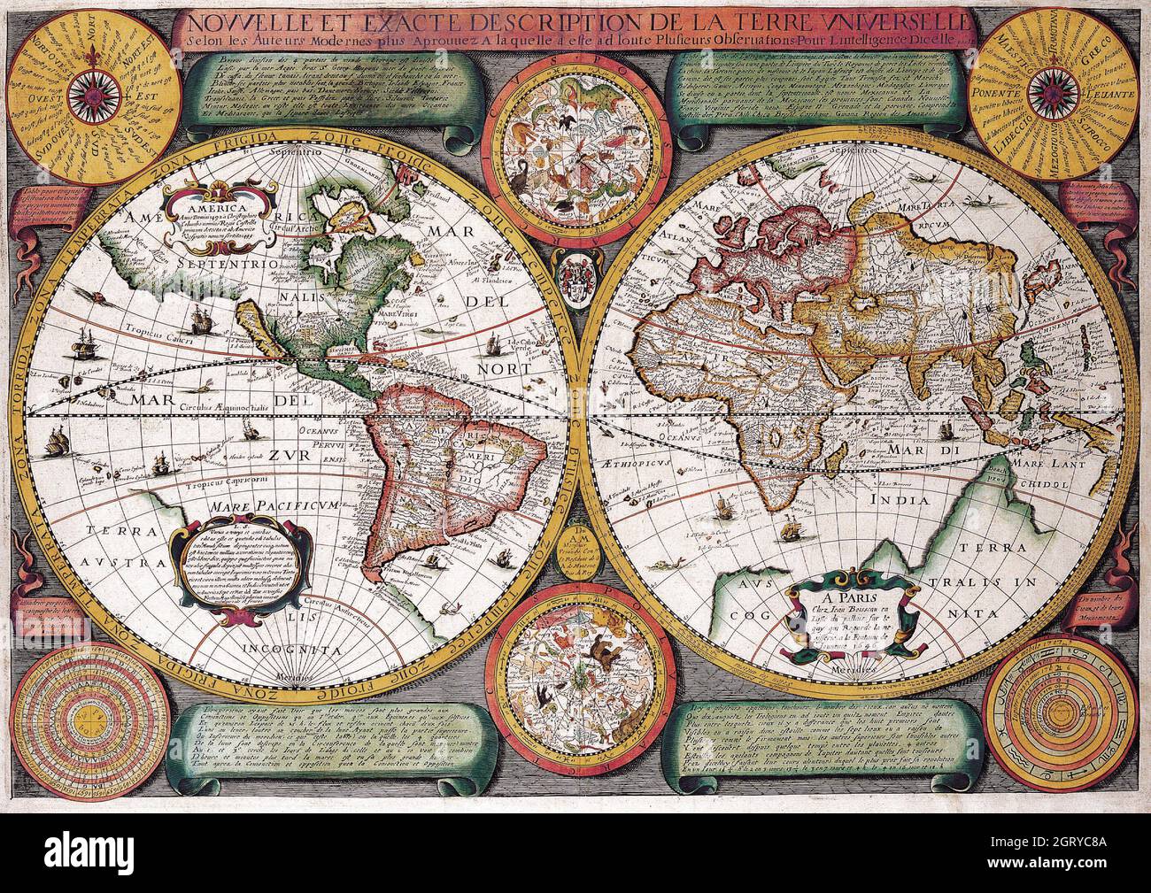 Map of the World, Jean Boisseau, Nouvelle et Exacte Description de la Terre Universelle, c 1646 Stock Photo