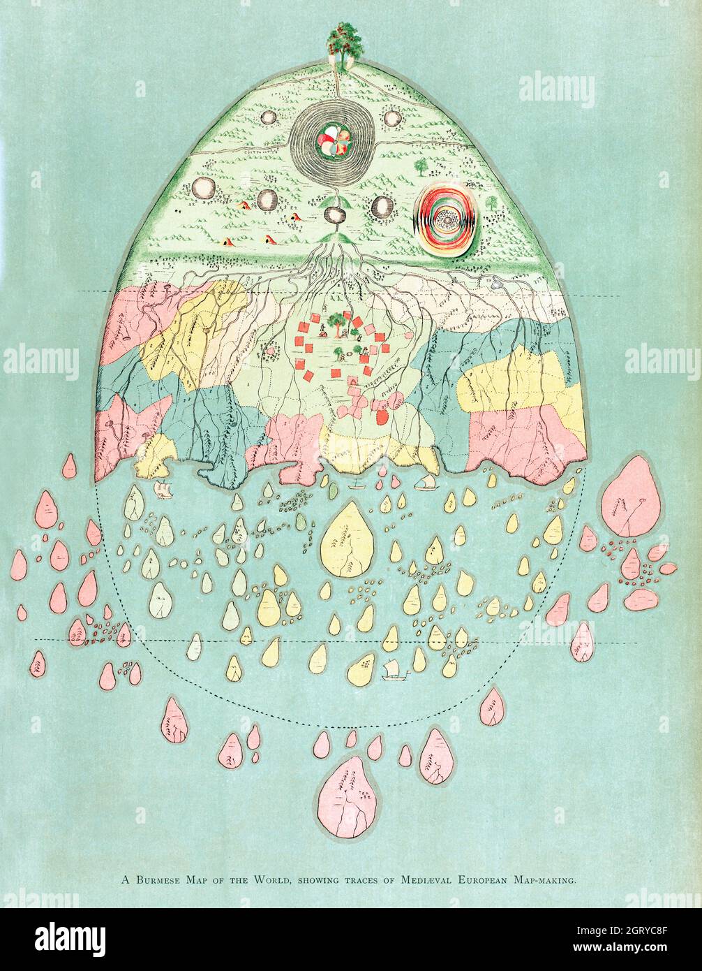 A Burmese map of the world, showing traces of Medieval European map-making from The thirty-seven nats : a phase of spirit worship prevailing in Burma Stock Photo