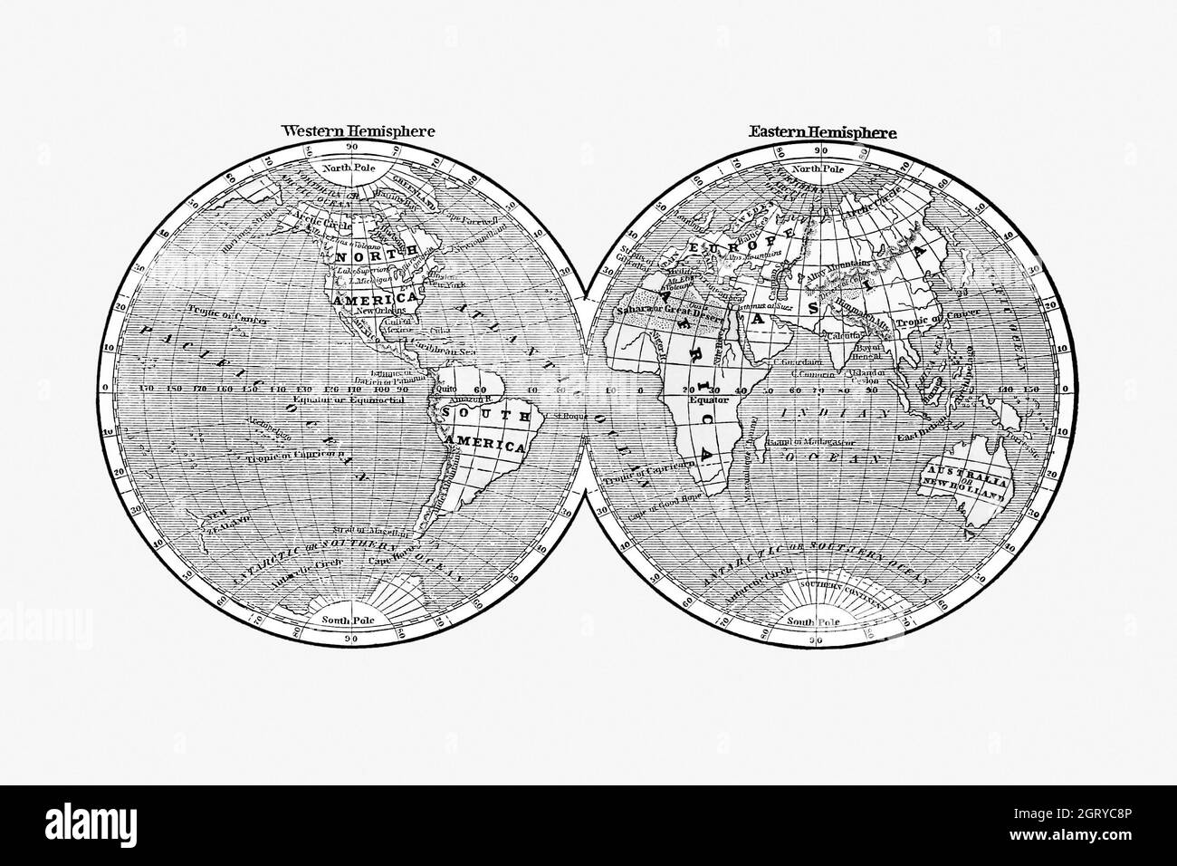 World map from A System of Geography, for the use of Schools (1860) published by Sidney Edwards Morse. Map of the World. Stock Photo