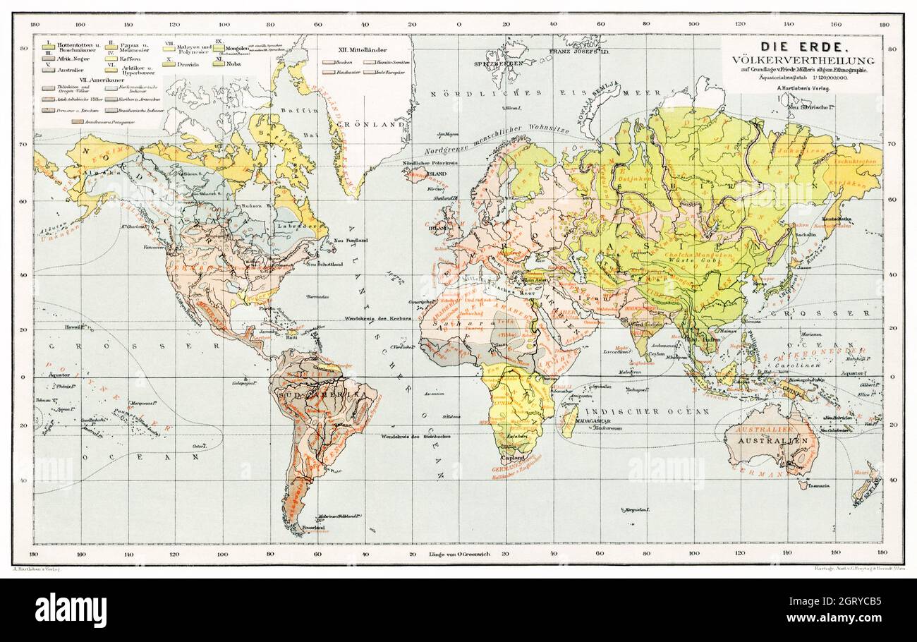 Die Erde. Eine allgemeine Erd- und Länderkunde, etc (1896) by Franz Heiderich. Map of the World. Stock Photo