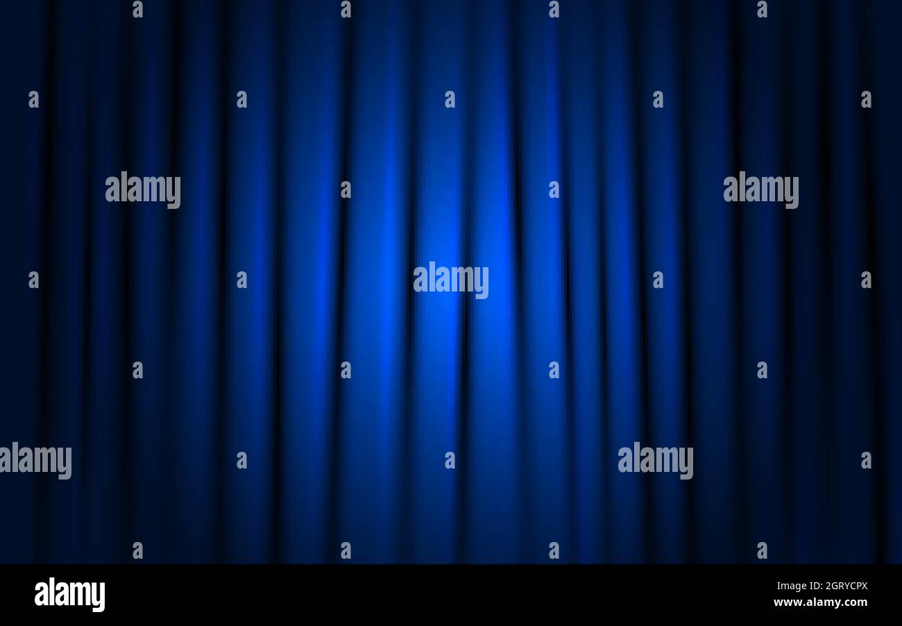 Curtain blue background. Shining stage with spotlight. Concert or theater cloth. Ceremony or cinema template. Closed dark curtain. Vector illustration Stock Vector