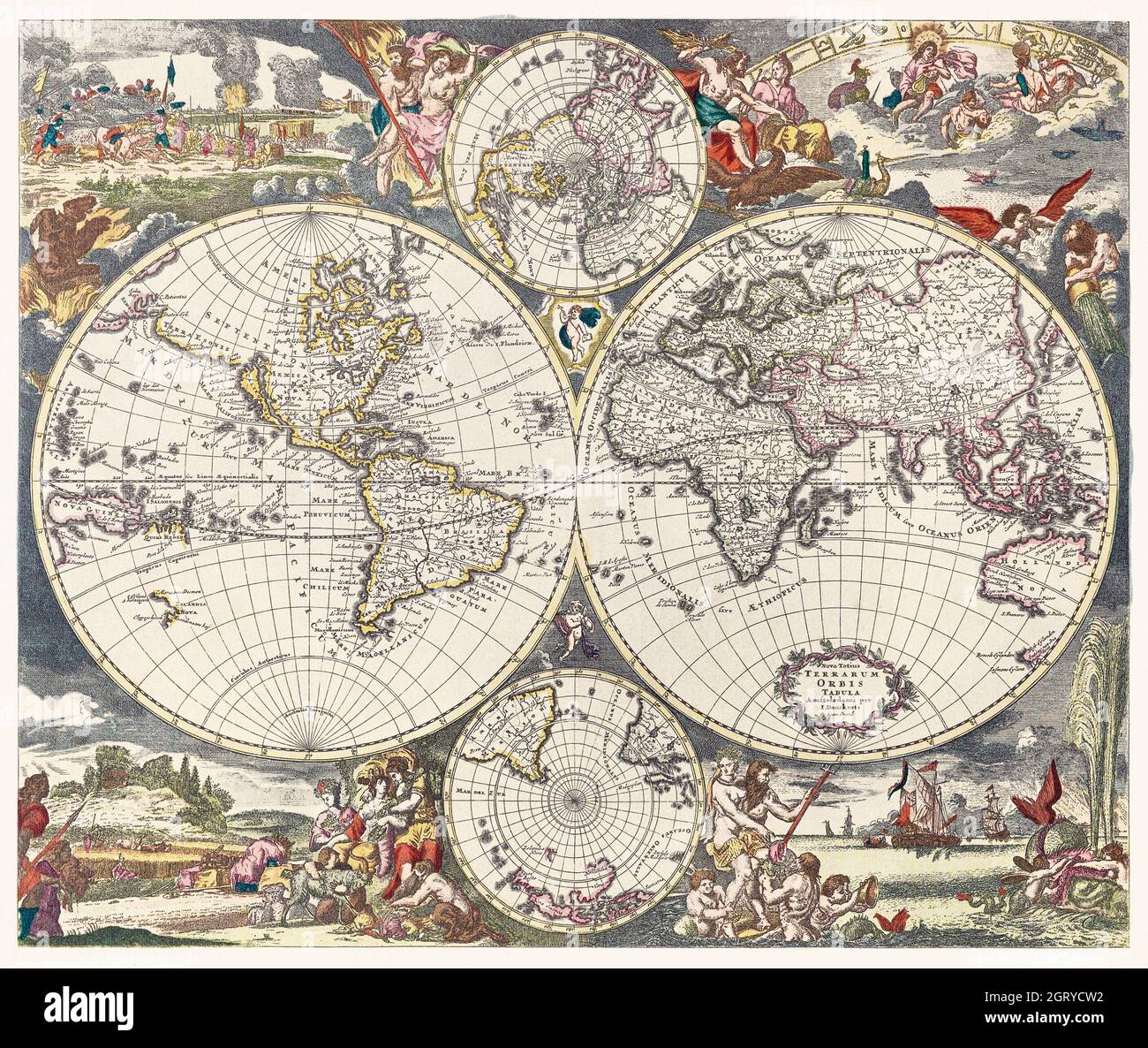 Nova Totius Terrarum orbis tabula (1660) by Justus Danckerts. Map of the World. Stock Photo