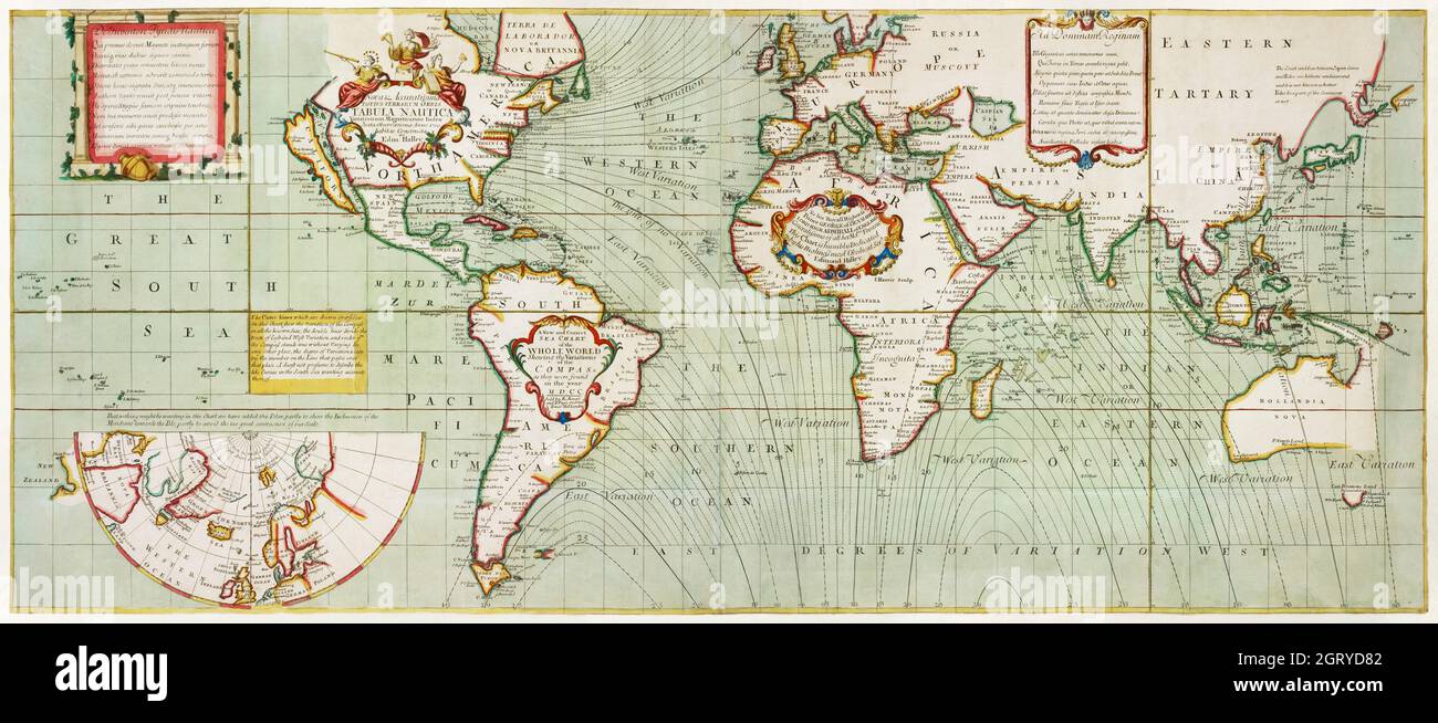 Nova & accuratissima totius terrarum orbis tabula nautica variationum magneticarum index juxta observationes Anno 1700 (1702-1707). Map of the World. Stock Photo
