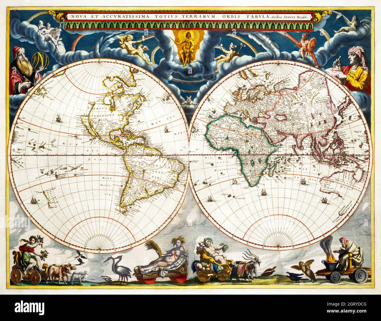Nova et accuratissima totius terrarum orbis tabula (ca. 1648-1664) by Joan Blaeu. Map of the World. Stock Photo