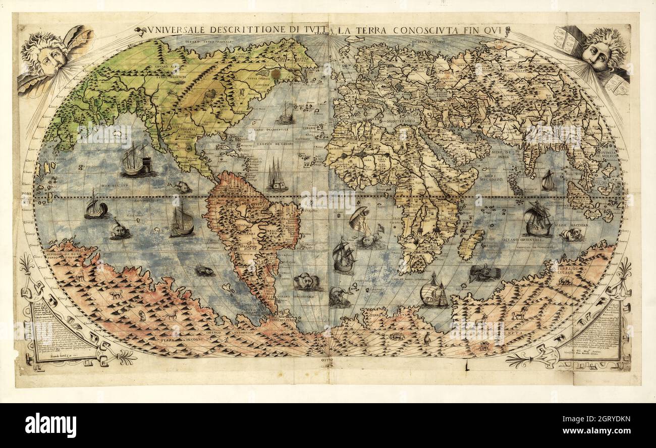 Vintage World Map - Vniversale descrittione di tvtta la terra conoscivta fin qvi. Gastaldi, Giacomo, approximately 1500-approximately 1565. Stock Photo