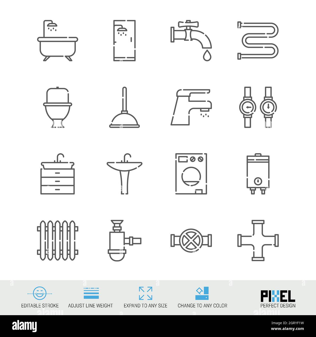 Plumbing, sanitary engineering related line icon set isolated on white ...
