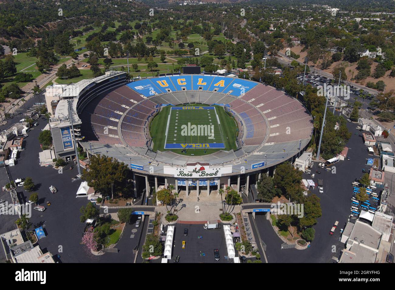 An aerial view of the Rose Bowl stadium, Friday, Oct. 1, 2021, in