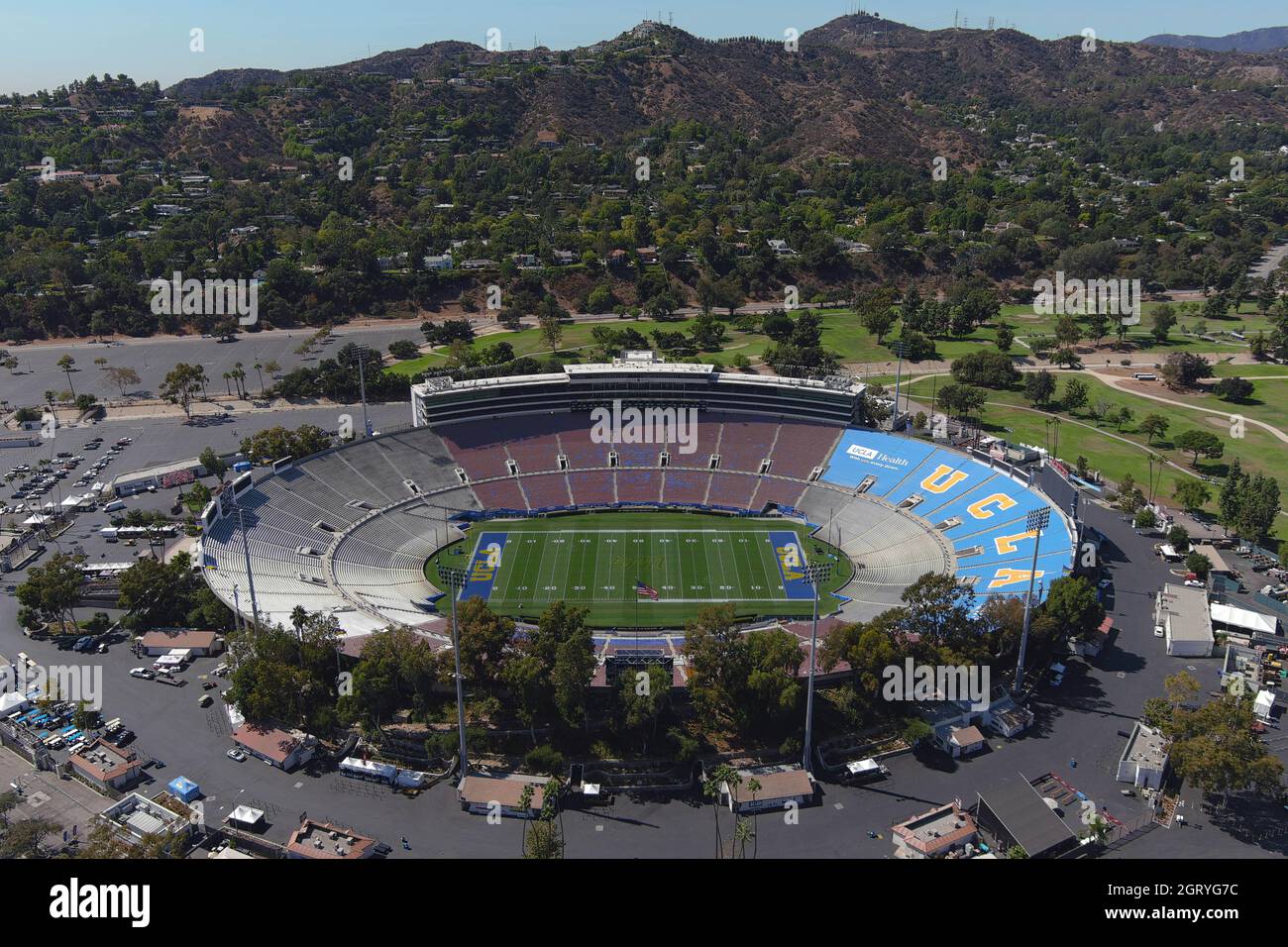 An aerial view of the Rose Bowl stadium, Friday, Oct. 1, 2021, in