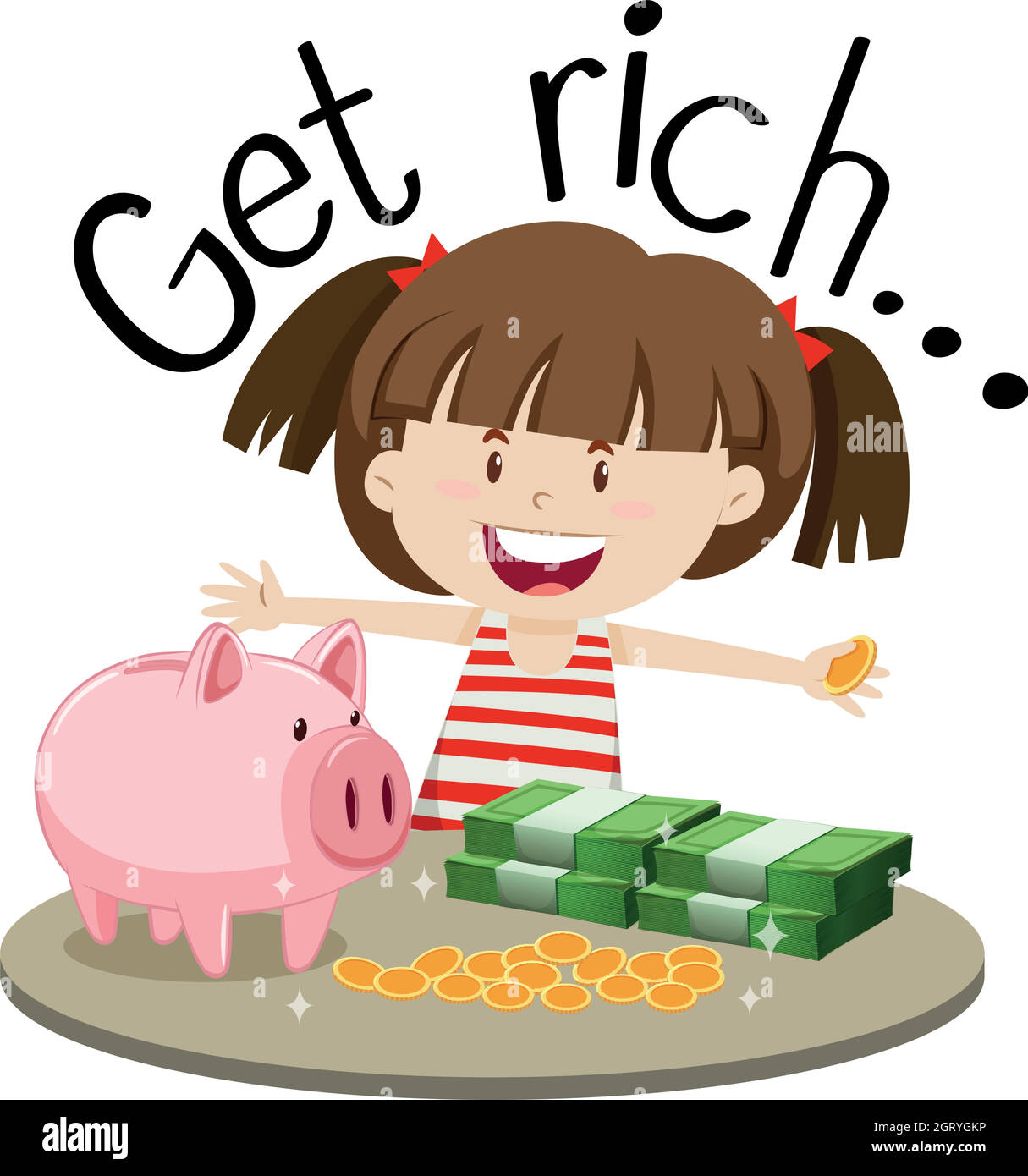 English phrase for get rich with girl and money on table Stock Vector