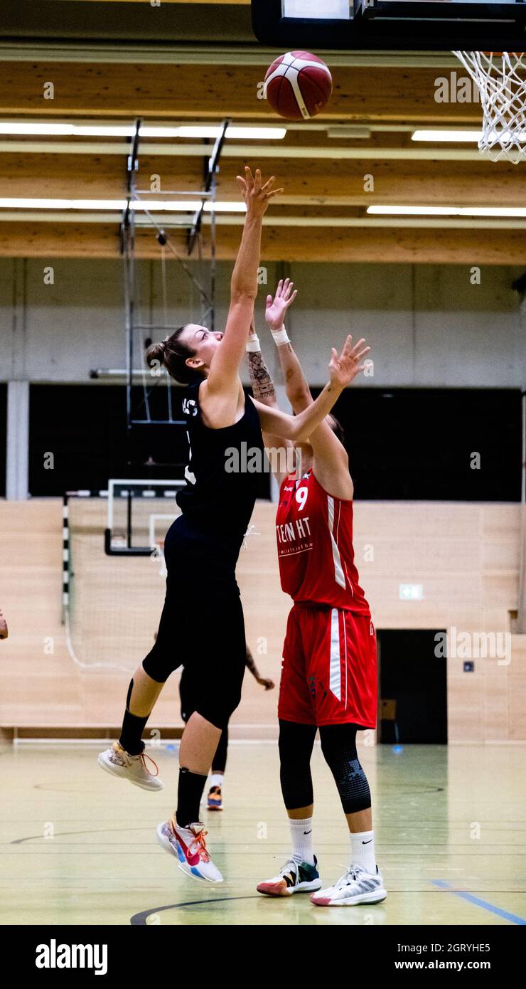 Duesseldorf, Germany. 01st Oct, 2021. Britta Worms ( 31 Capitol Bascats )  scores two points during the 1. Toyota Damen Basketball Bundesliga game  between the Capitol Bascats Duesseldorf and Herner TC at