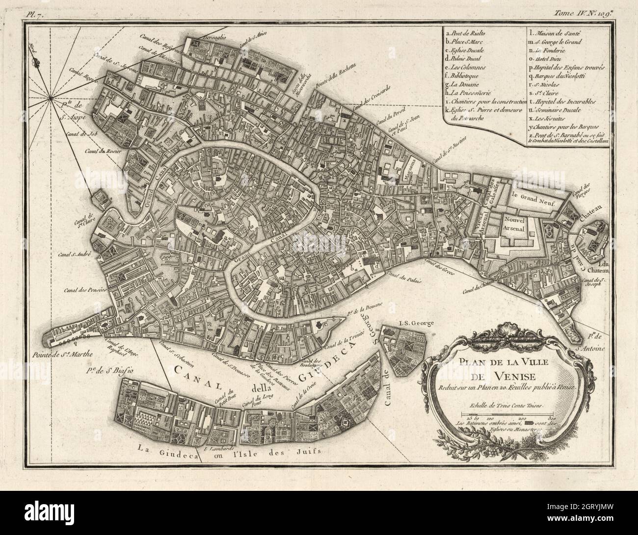Map of Venice, 1764 by Bellin, Jacques Nicolas, 1703-1772. Plan de la ville de Venise : reduit sur un plan en 20. feuilles publié à Venise. Stock Photo