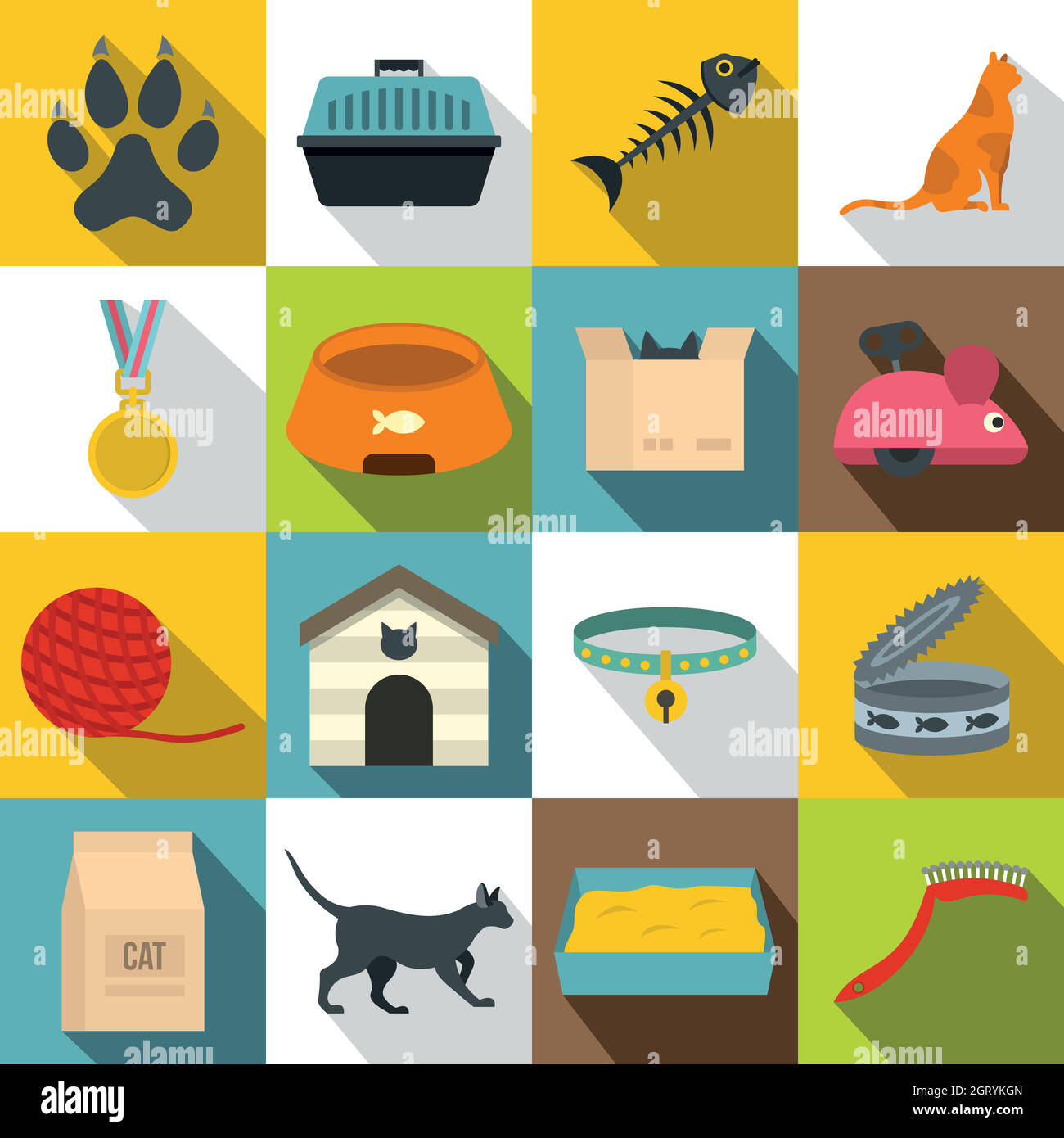 Cat care tools icons set, flat style Stock Vector