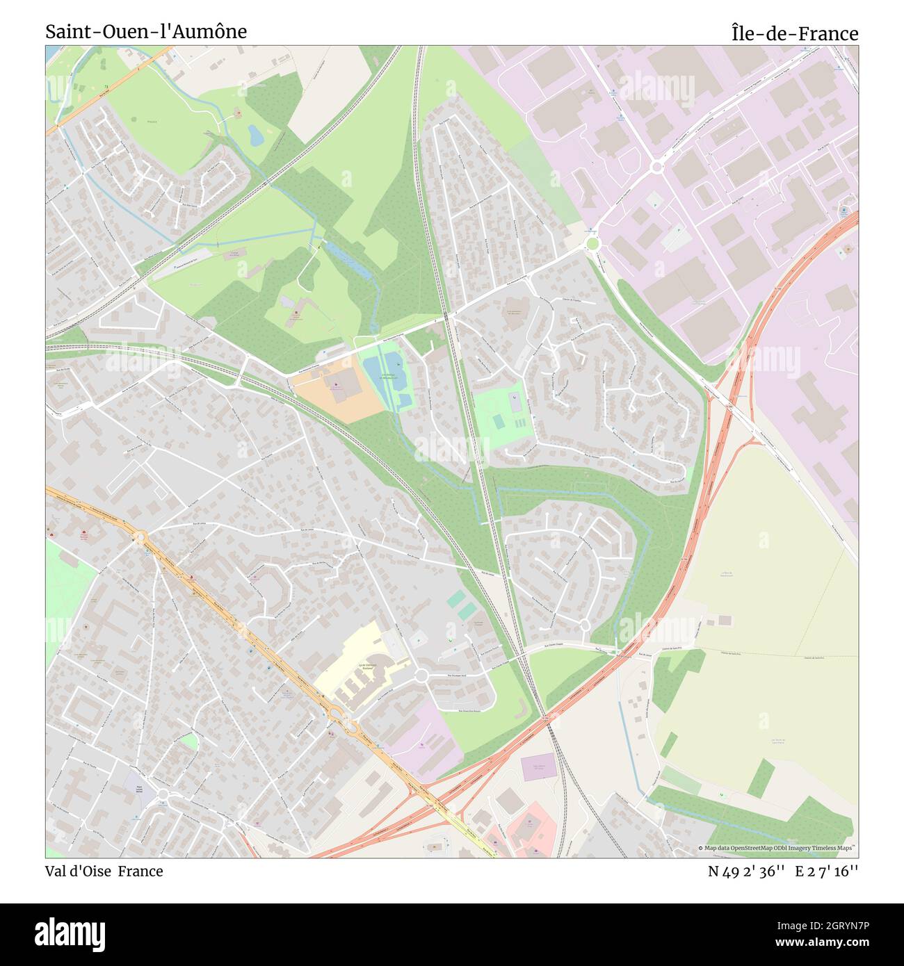 Saint-Ouen-l'Aumône, Val d'Oise, France, Île-de-France, N 49 2' 36'', E 2 7' 16'', map, Timeless Map published in 2021. Travelers, explorers and adventurers like Florence Nightingale, David Livingstone, Ernest Shackleton, Lewis and Clark and Sherlock Holmes relied on maps to plan travels to the world's most remote corners, Timeless Maps is mapping most locations on the globe, showing the achievement of great dreams Stock Photo