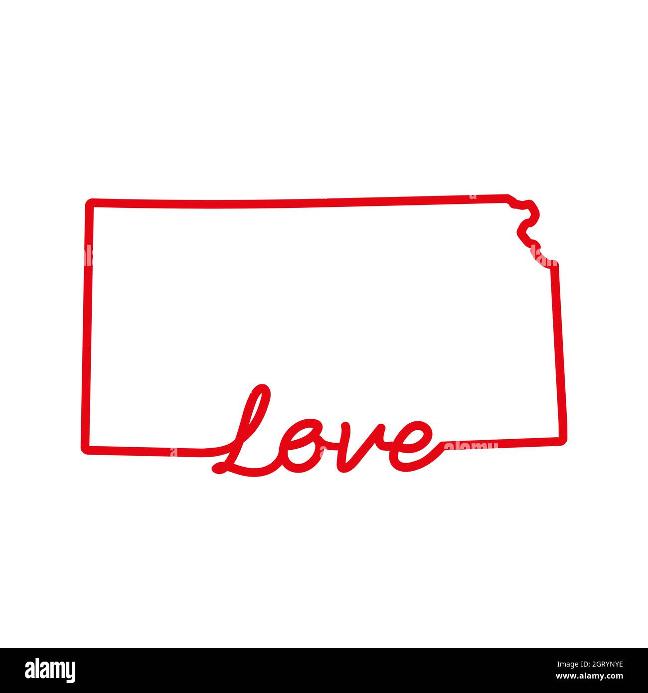 Kansas US state red outline map with the handwritten LOVE word ...