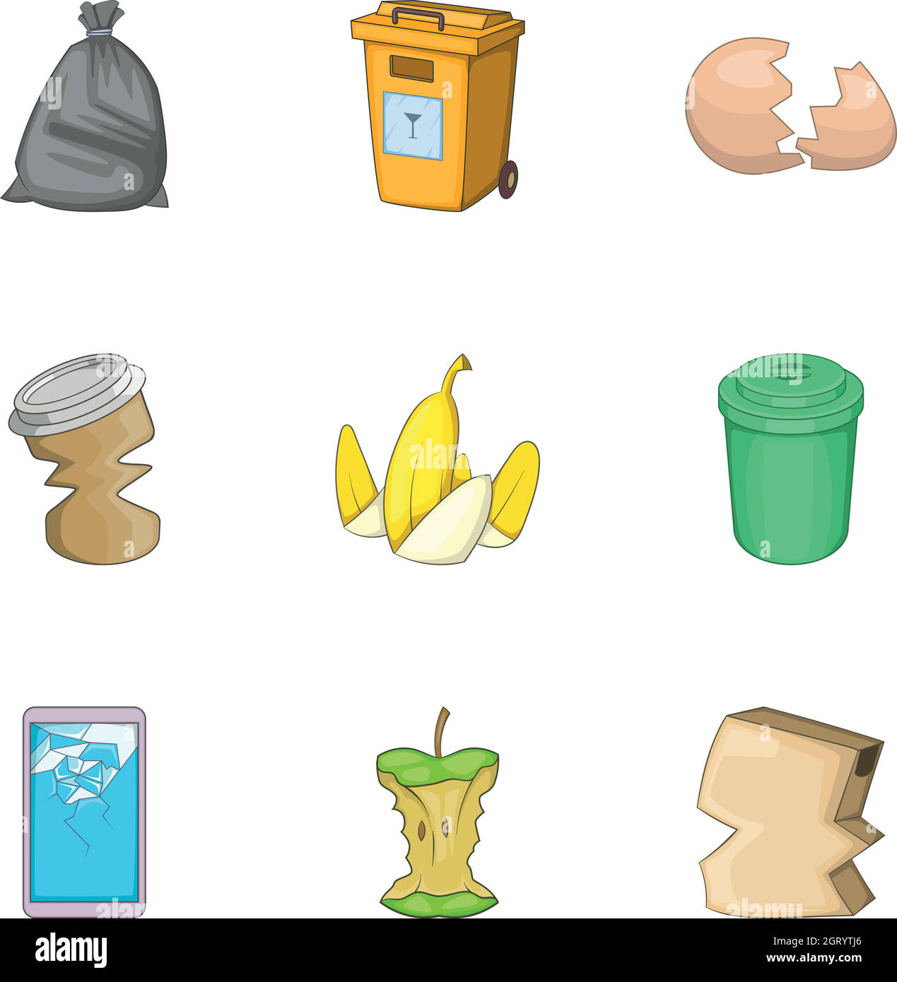 Garbage sorting concept icons set, cartoon style Stock Vector