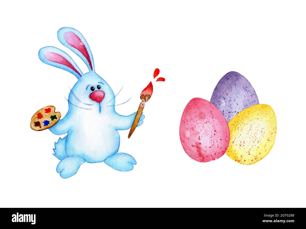 Watercolor illustration of a cute easter bunny with a palette brushing eggs for the holiday. The blue hare draws. Isolated on white background. Drawn Stock Photo