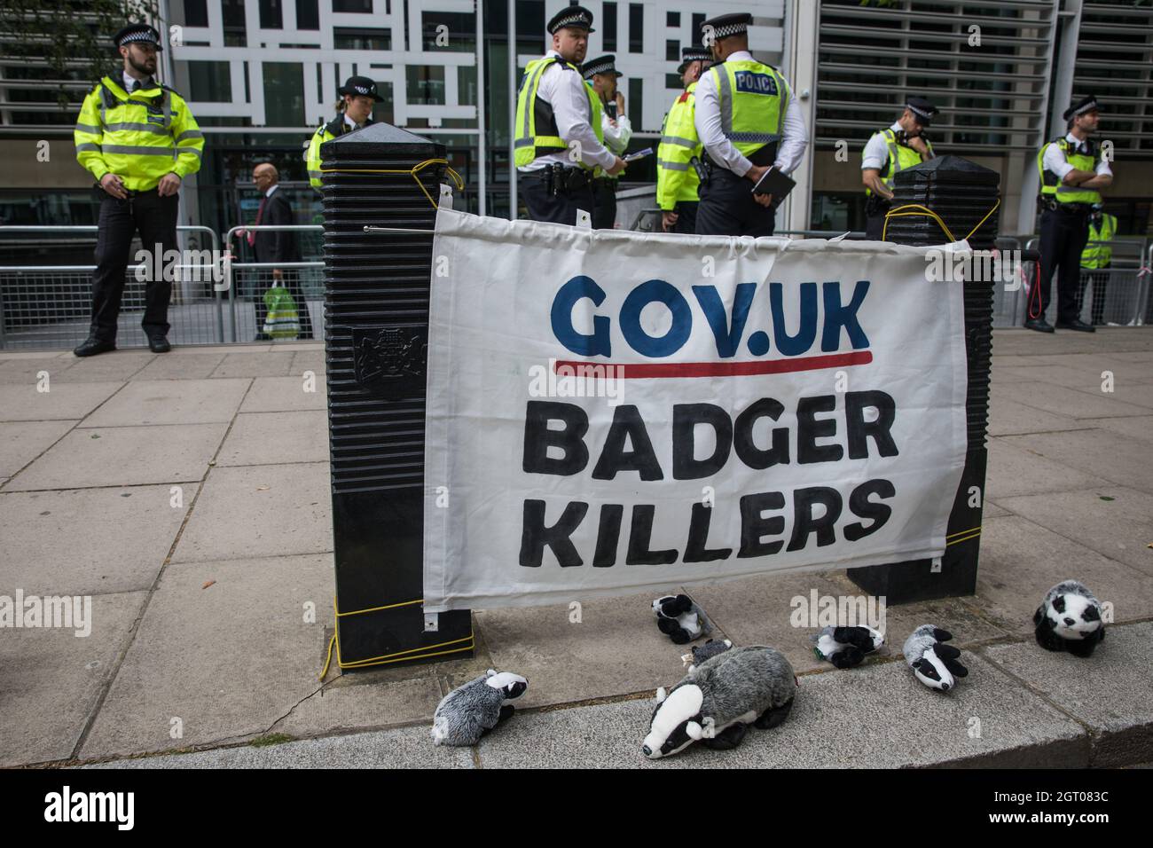 London, UK. 26th August, 2021. A banner and badger toys are displayed outside the Home Office and DEFRA by an animal rights activist in protest against the culling of badgers. More than 100,000 badgers have been killed in culls stretching from Cornwall and Cumbria since 2013 with the intention of reducing bovine tuberculosis (bTB) infections in cattle, but vaccination will replace such culls, which will no longer be permitted in England, with effect from 2022. Credit: Mark Kerrison/Alamy Live News Stock Photo