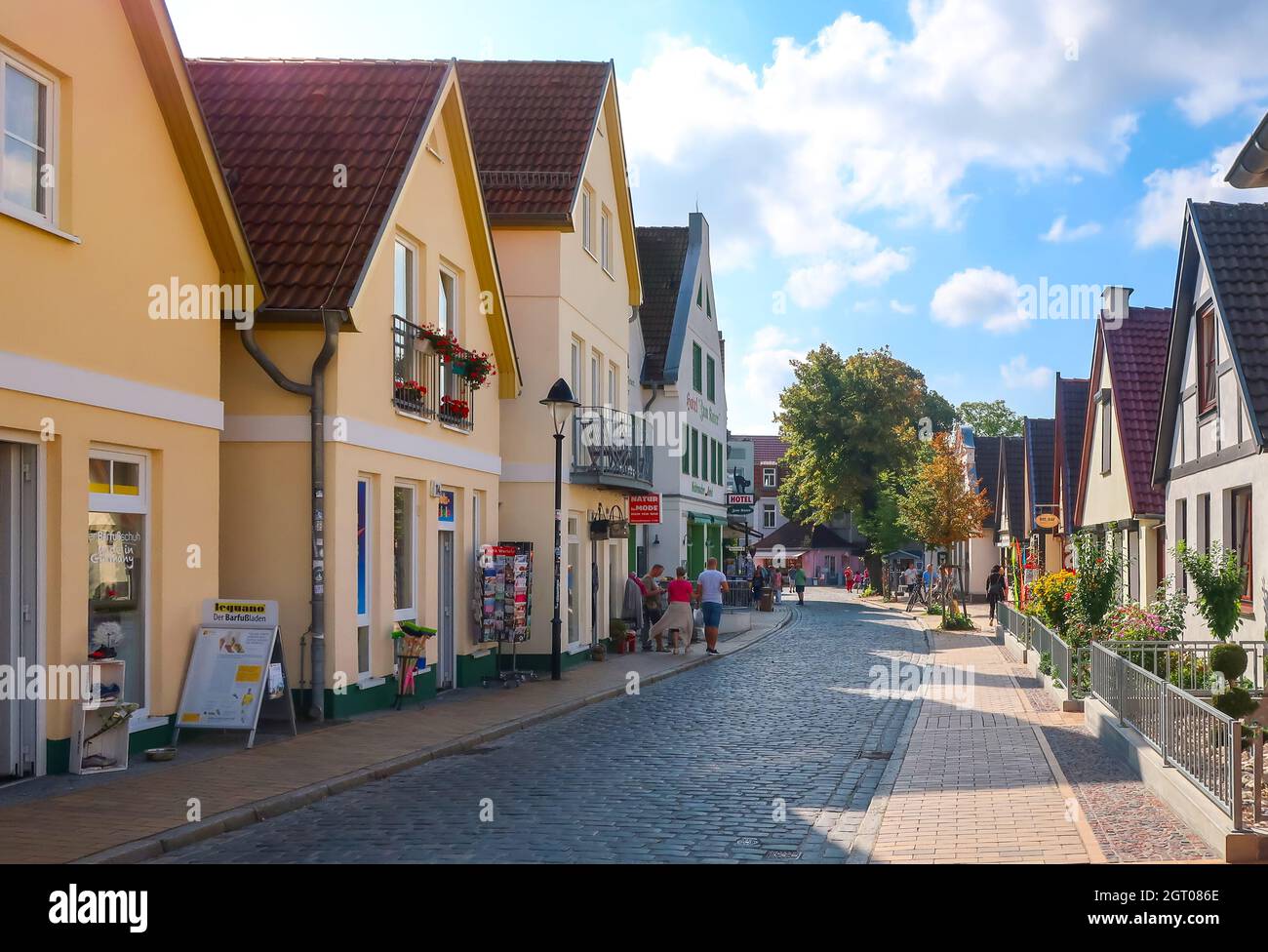 A row of colorful historical homes in the resort town of Warnemunde