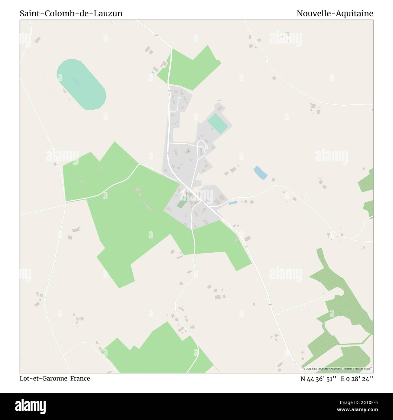 Saint-Colomb-de-Lauzun, Lot-et-Garonne, France, Nouvelle-Aquitaine, N 44 36' 51'', E 0 28' 24'', map, Timeless Map published in 2021. Travelers, explorers and adventurers like Florence Nightingale, David Livingstone, Ernest Shackleton, Lewis and Clark and Sherlock Holmes relied on maps to plan travels to the world's most remote corners, Timeless Maps is mapping most locations on the globe, showing the achievement of great dreams Stock Photo