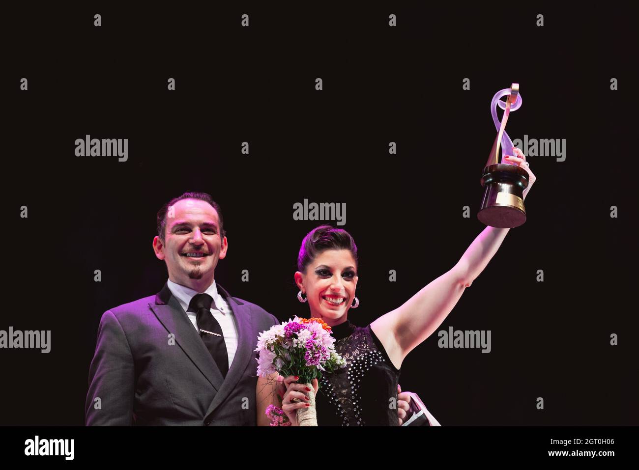 25 September 2021, Argentina, Buenos Aires: Bárbara Ferreyra & Agustín Agnez celebrate after winning the first place on the Salon Tango Final. Stock Photo