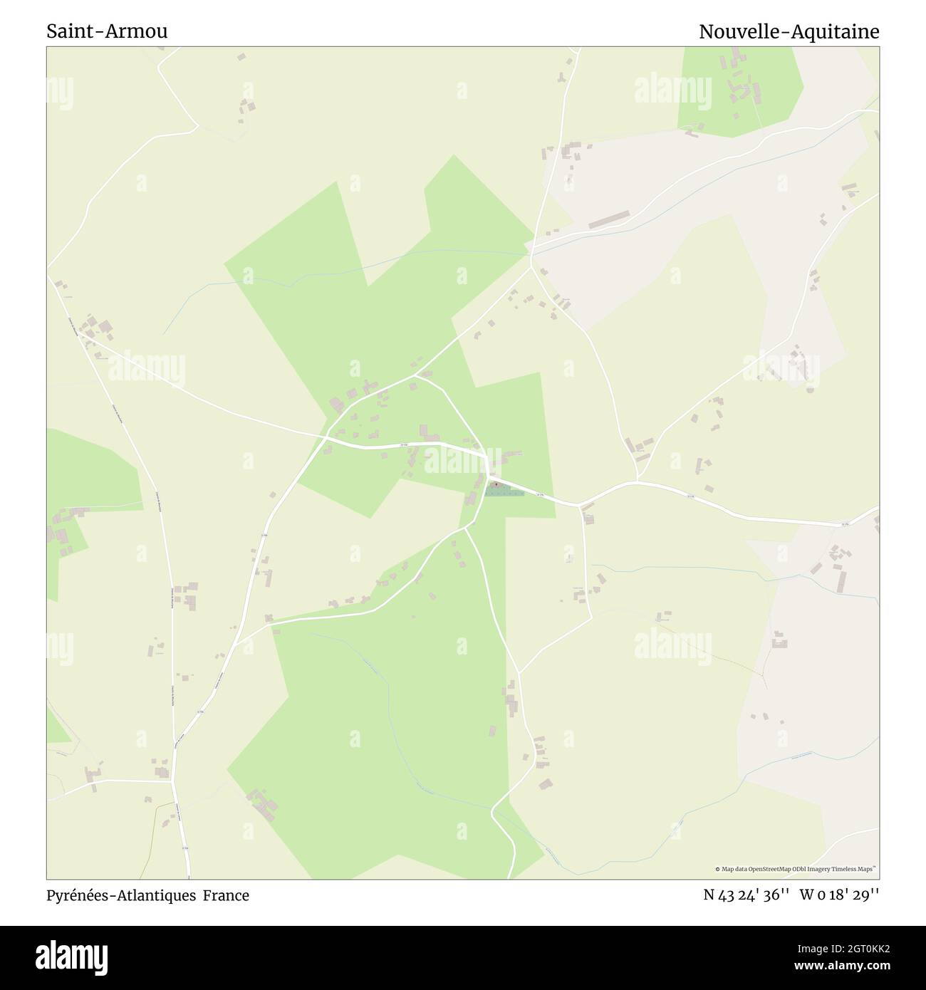 Saint-Armou, Pyrénées-Atlantiques, France, Nouvelle-Aquitaine, N 43 24' 36'', W 0 18' 29'', map, Timeless Map published in 2021. Travelers, explorers and adventurers like Florence Nightingale, David Livingstone, Ernest Shackleton, Lewis and Clark and Sherlock Holmes relied on maps to plan travels to the world's most remote corners, Timeless Maps is mapping most locations on the globe, showing the achievement of great dreams Stock Photo