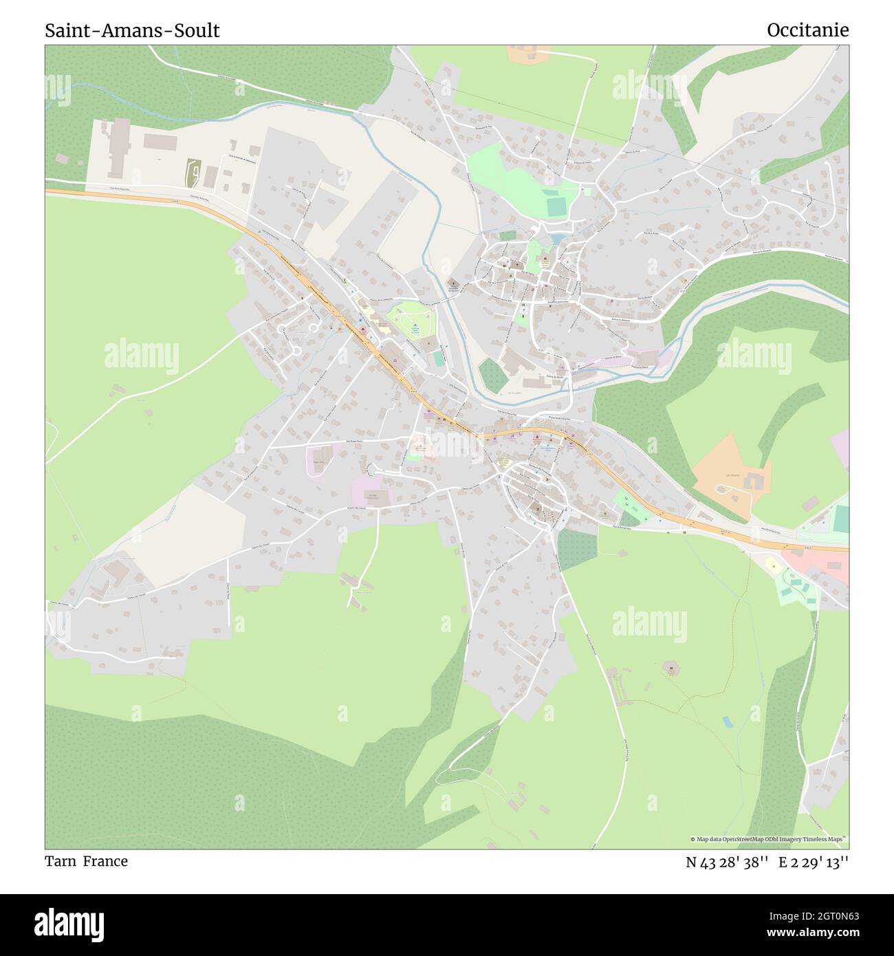 Saint-Amans-Soult, Tarn, France, Occitanie, N 43 28' 38'', E 2 29' 13'', map, Timeless Map published in 2021. Travelers, explorers and adventurers like Florence Nightingale, David Livingstone, Ernest Shackleton, Lewis and Clark and Sherlock Holmes relied on maps to plan travels to the world's most remote corners, Timeless Maps is mapping most locations on the globe, showing the achievement of great dreams Stock Photo