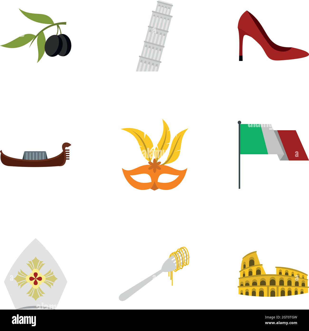 Italy icons set, flat style Stock Vector