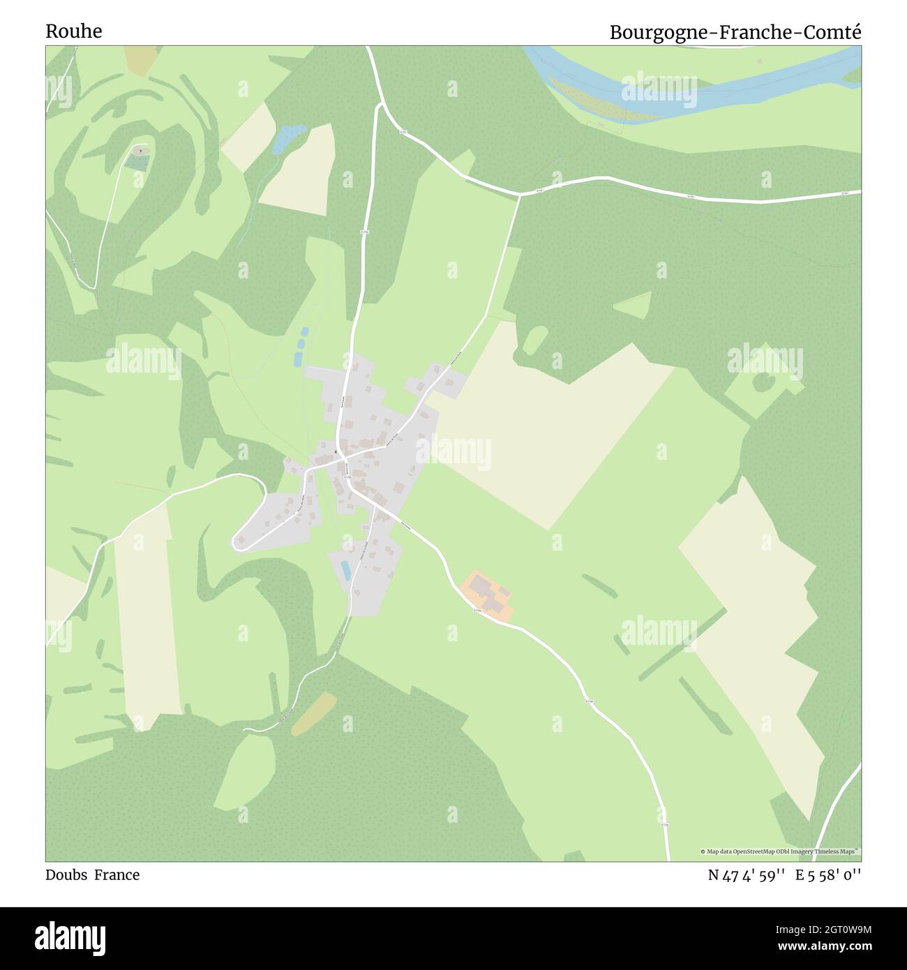 Rouhe, Doubs, France, Bourgogne-Franche-Comté, N 47 4' 59'', E 5 58' 0'', map, Timeless Map published in 2021. Travelers, explorers and adventurers like Florence Nightingale, David Livingstone, Ernest Shackleton, Lewis and Clark and Sherlock Holmes relied on maps to plan travels to the world's most remote corners, Timeless Maps is mapping most locations on the globe, showing the achievement of great dreams Stock Photo