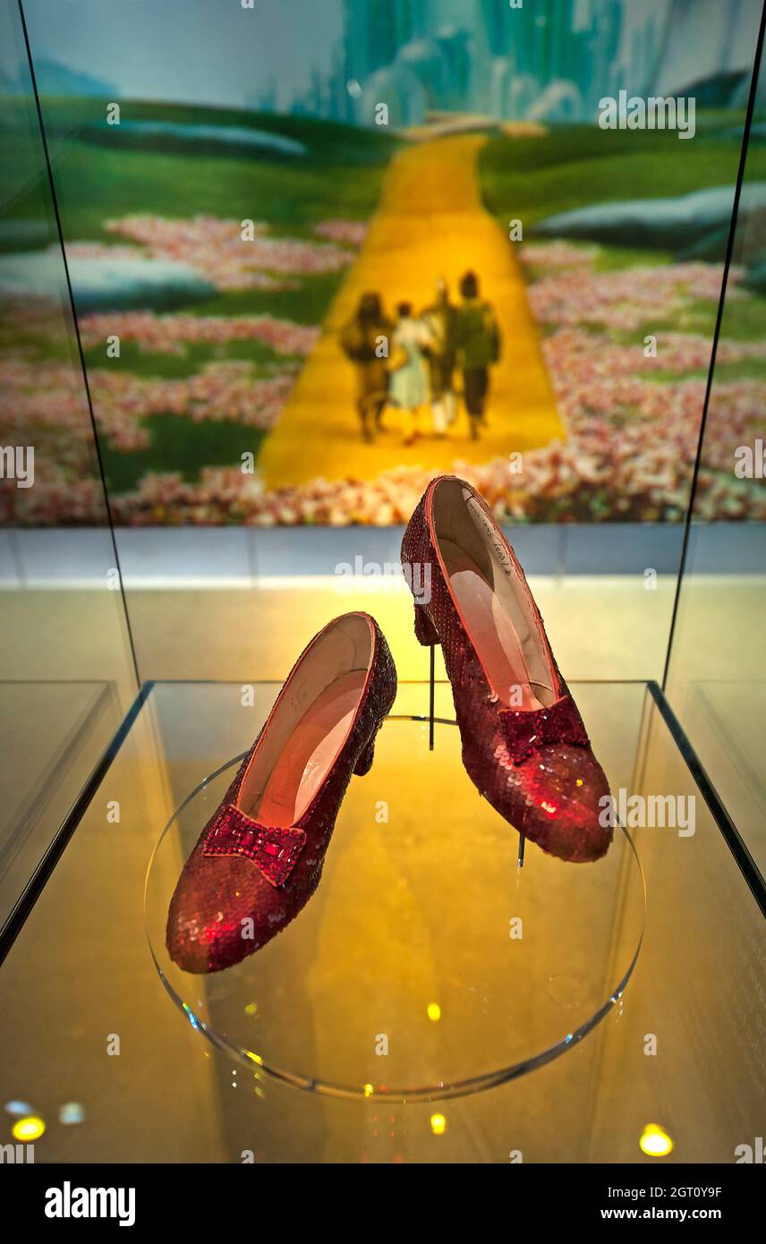 Dorothy's ruby slippers from the Wizard of Oz at the Academy Museum of Motion Pictures in Los Angeles, California Stock Photo