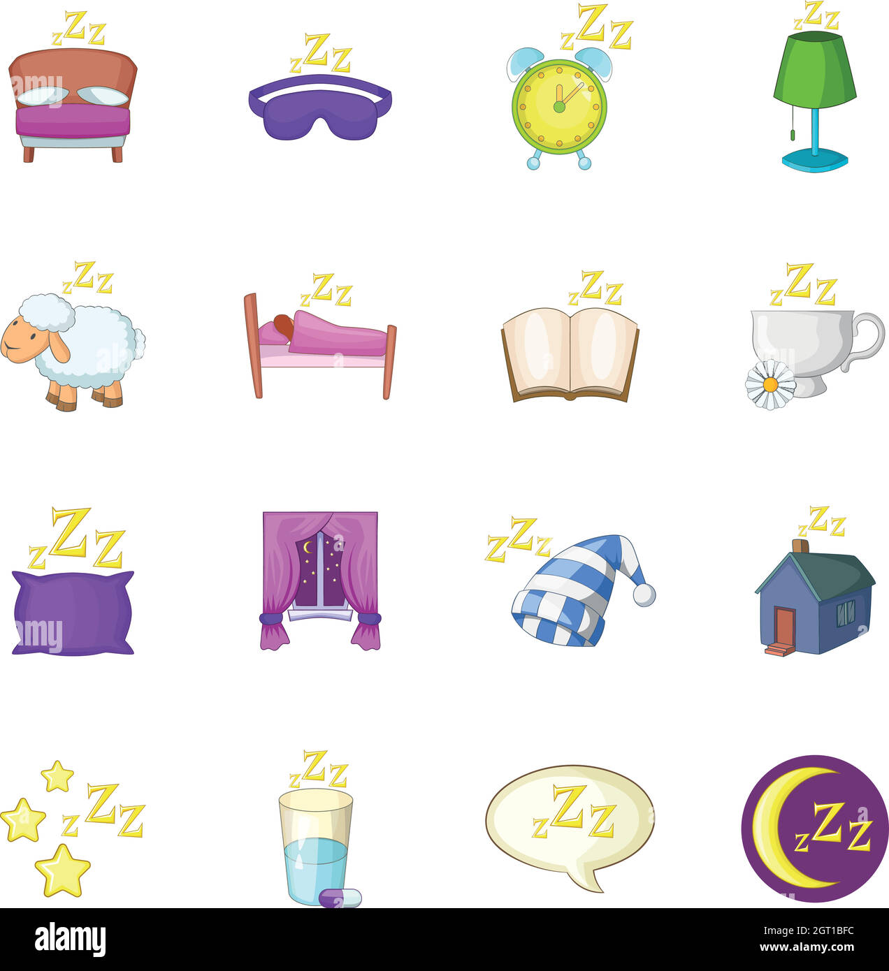 Sleep symbols icons set, cartoon style Stock Vector