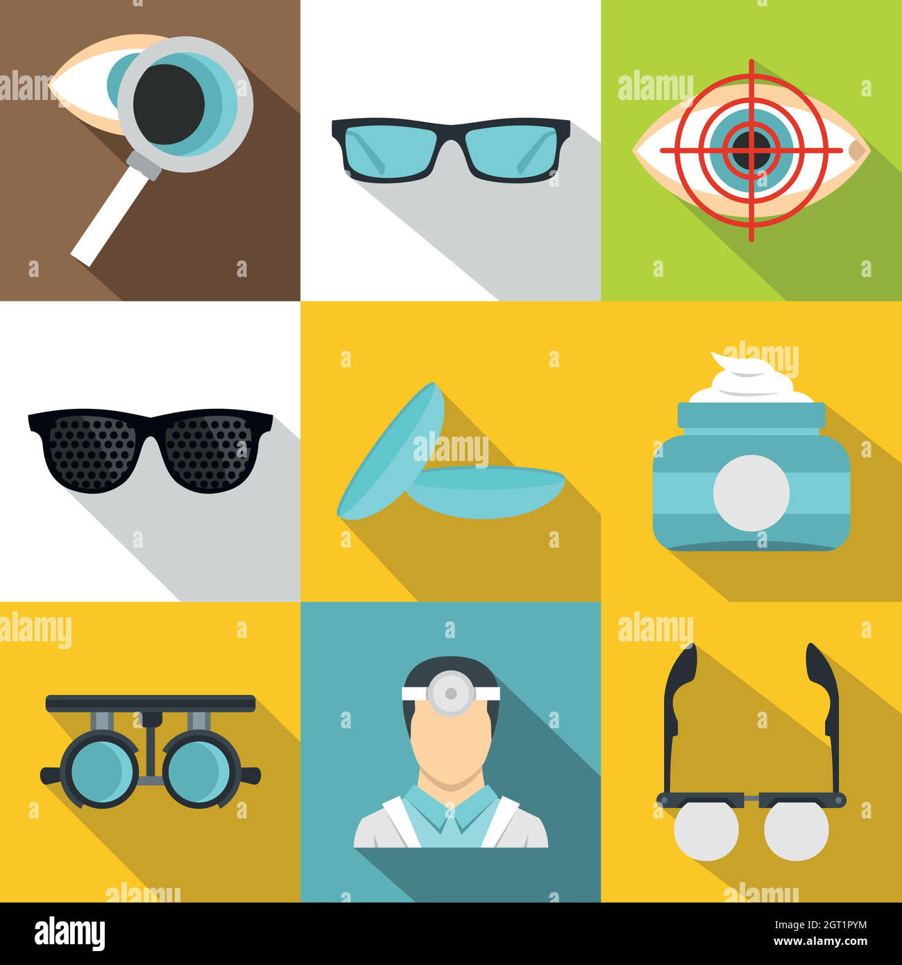 Eye exam icons set, flat style Stock Vector