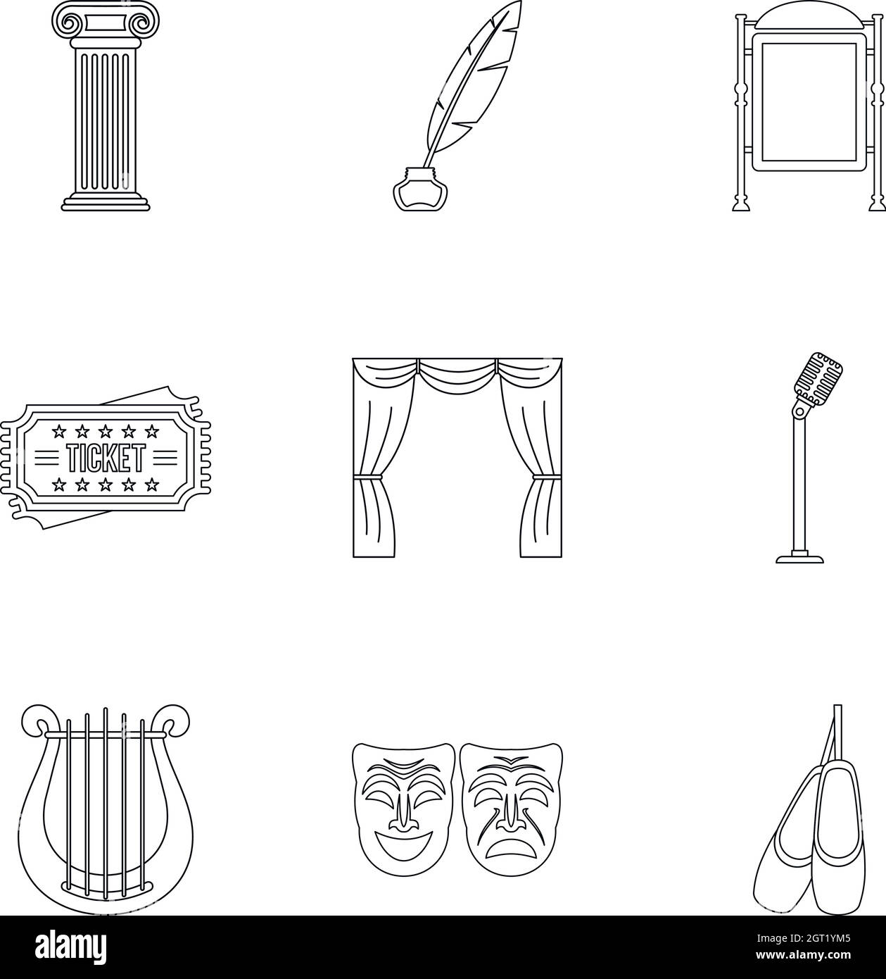 Theatrical performance icons set, outline style Stock Vector