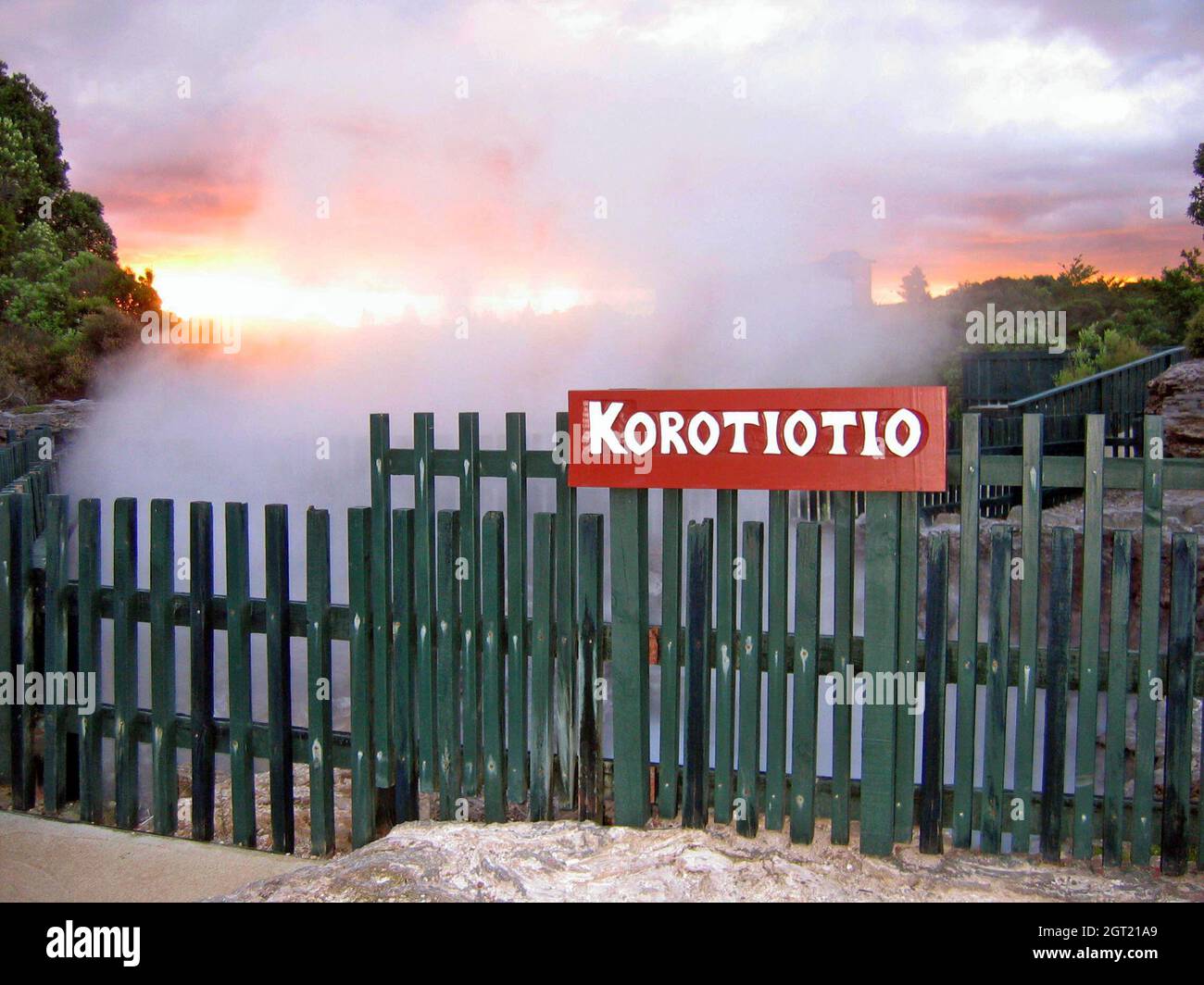 Korotiotio, known as Grumpy Man in English, is a volcanic hot spring in Whaka Village in Rotorua, New Zealand that is usually at boiling temperature. It was used for cooking until the 1870s when at the time a Maori woman fell in and died.  The hot spring has been kept sacred ever since. Stock Photo