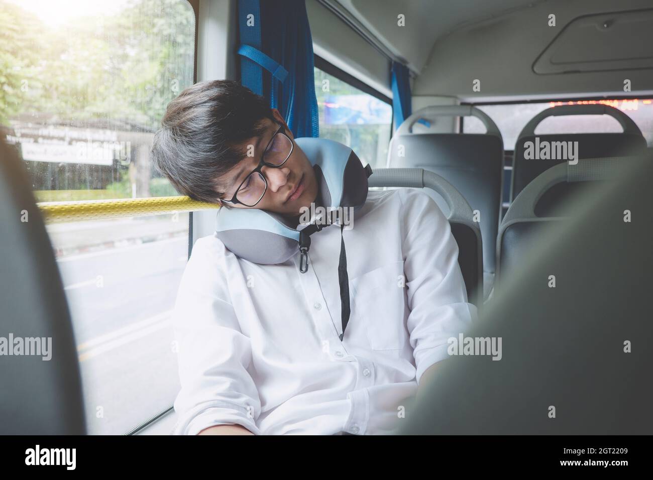 Young Man Sleeping In Bus Stock Photo Alamy