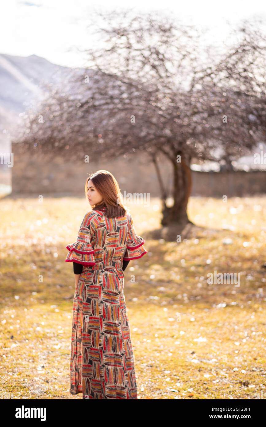 Rear View Of Woman Standing On Field Against Bare Tree Stock Photo