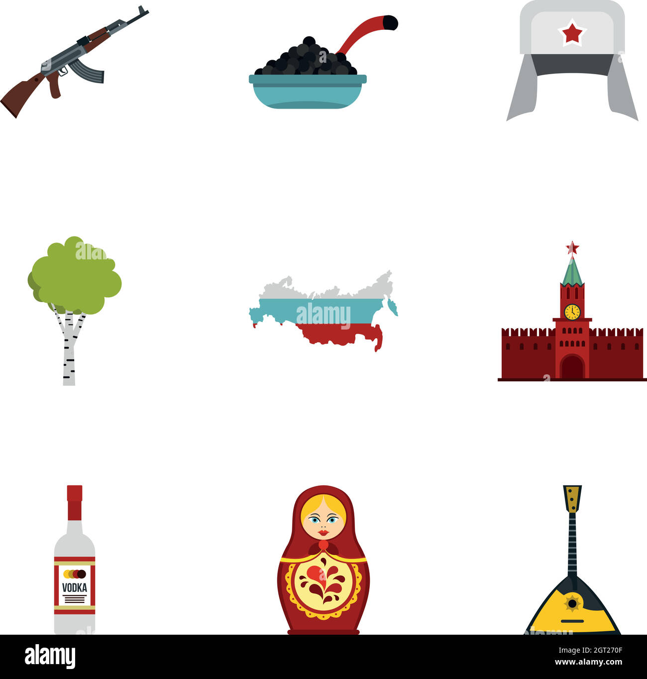 Russian traditional elements icons set, flat style Stock Vector