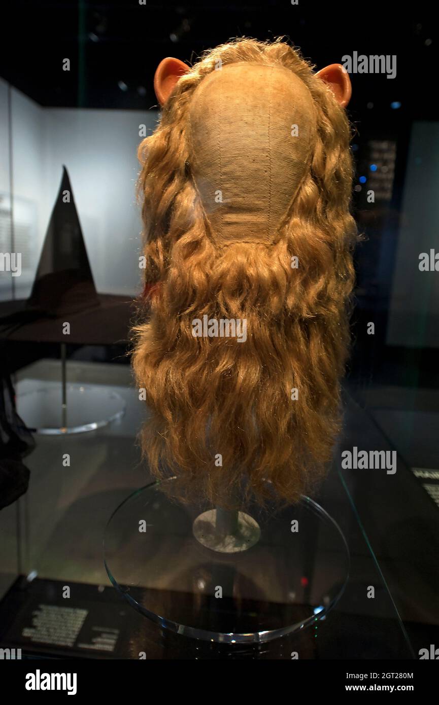 Facial costume for the Cowardly Lion from the Wizard of Oz at the Academy Museum of Motion Pictures in Los Angeles, California Stock Photo