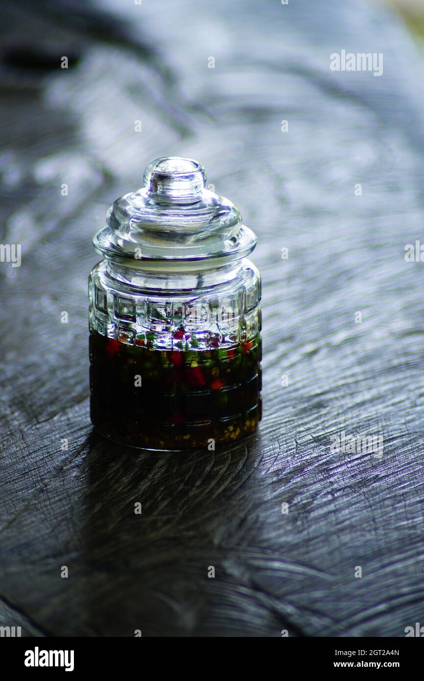 High Angle View Of Food In Glass Jar On Table Stock Photo