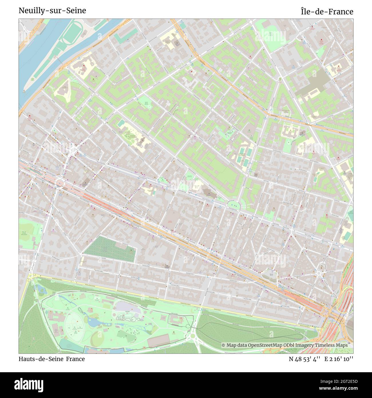Neuilly-sur-Seine, Hauts-de-Seine, France, Île-de-France, N 48 53' 4'', E 2 16' 10'', map, Timeless Map published in 2021. Travelers, explorers and adventurers like Florence Nightingale, David Livingstone, Ernest Shackleton, Lewis and Clark and Sherlock Holmes relied on maps to plan travels to the world's most remote corners, Timeless Maps is mapping most locations on the globe, showing the achievement of great dreams Stock Photo