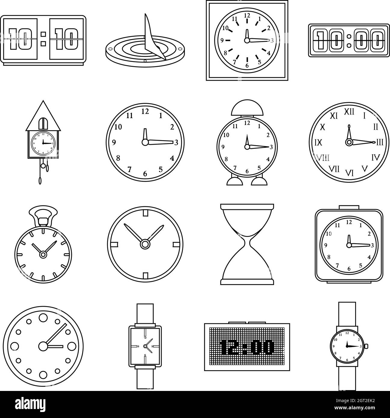 Clocks icons set, outline style Stock Vector