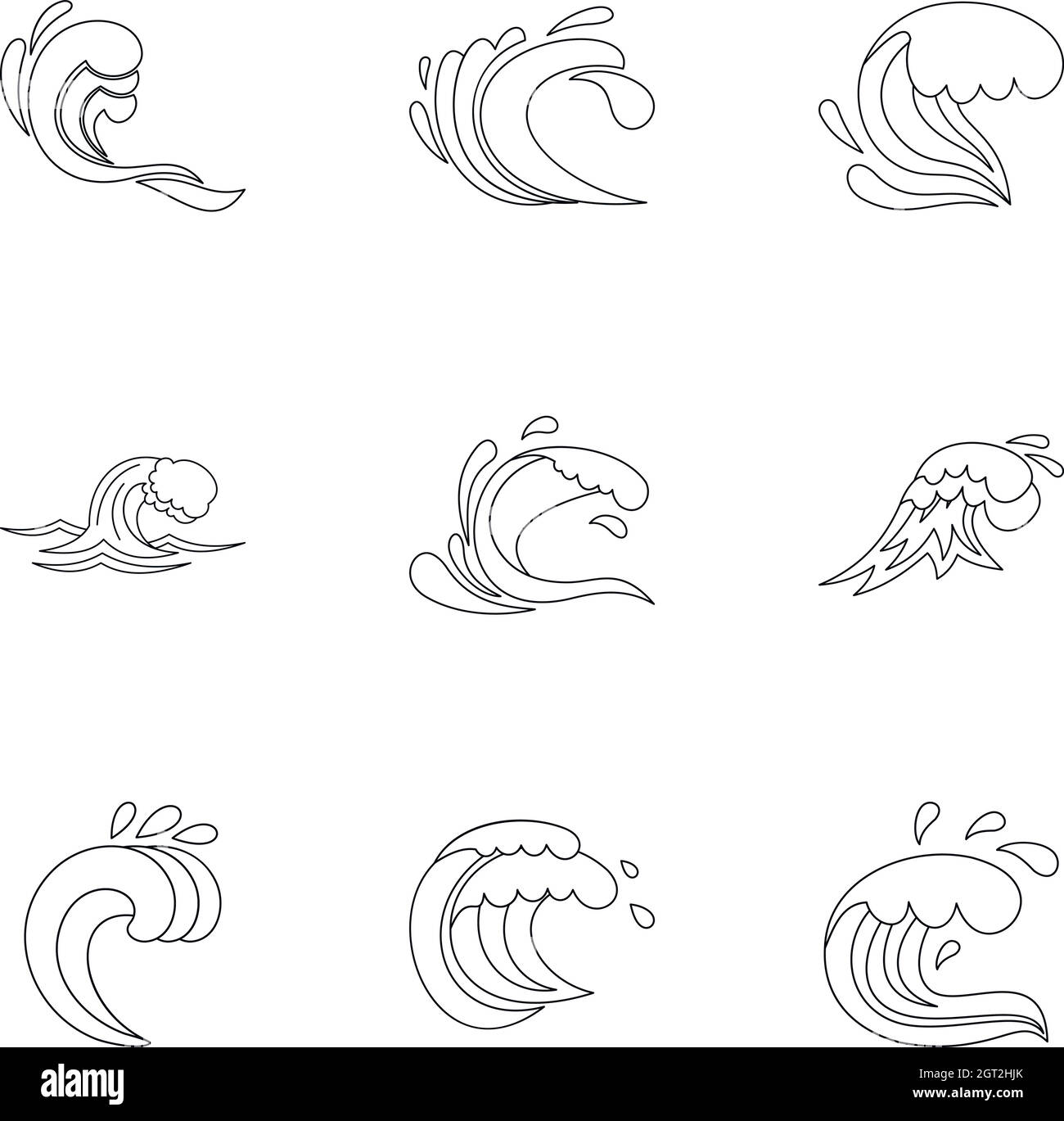 Ocean waves icons set, outline style Stock Vector
