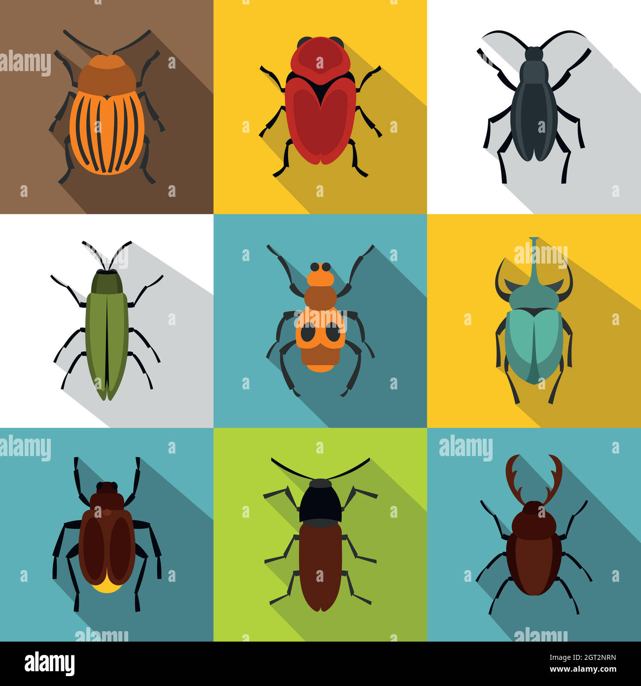 Insects beetles icons set, flat style Stock Vector