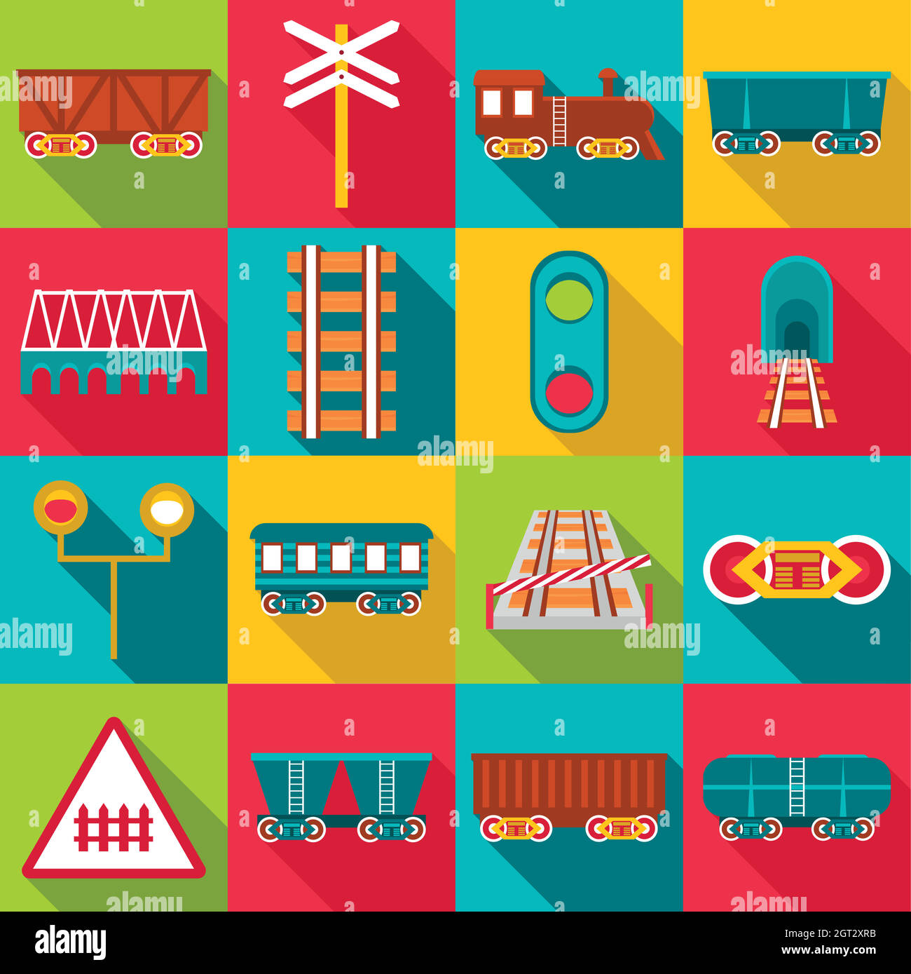 Railroad station items icons set, flat style Stock Vector