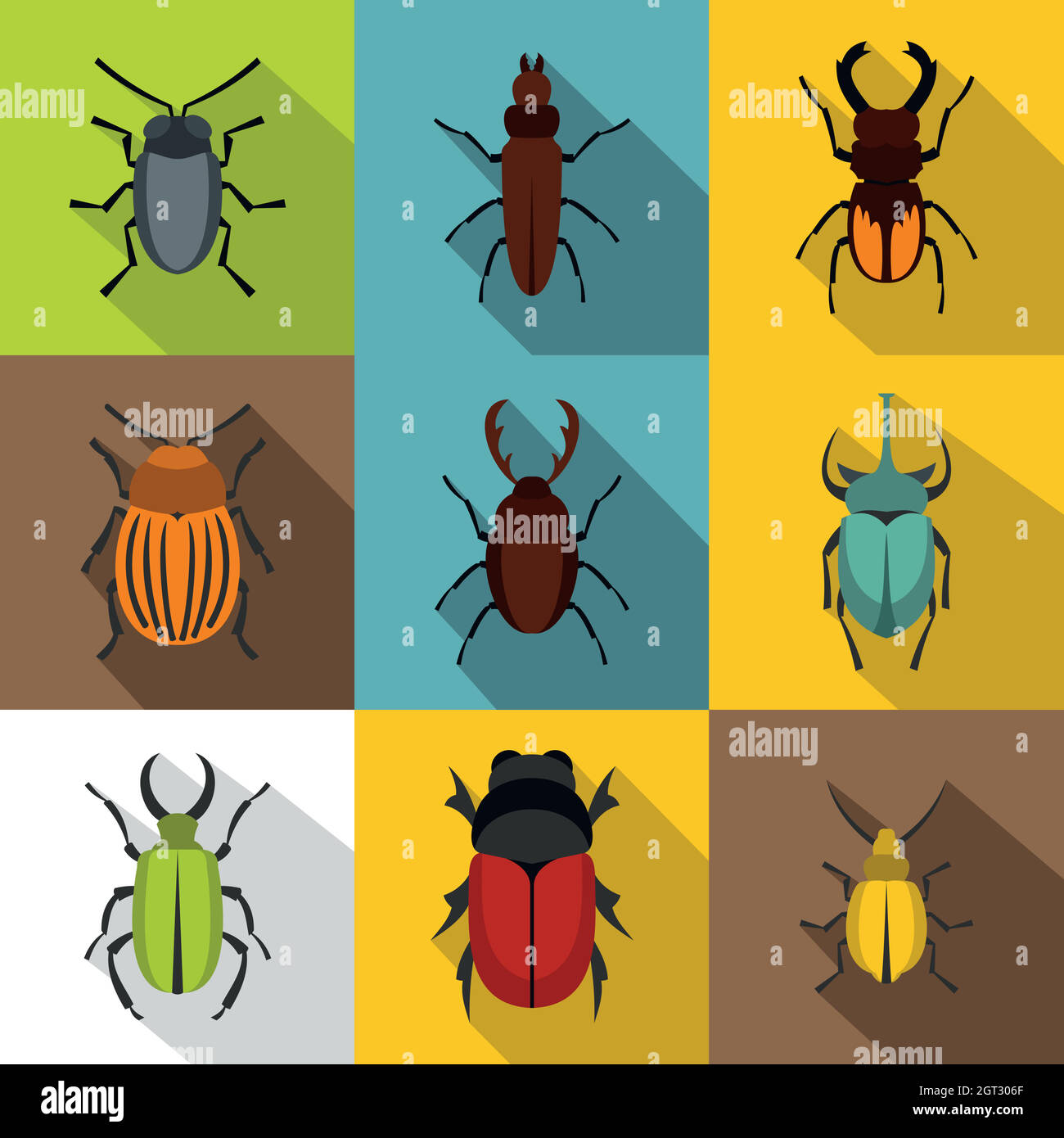 Crawling beetles icons set, flat style Stock Vector